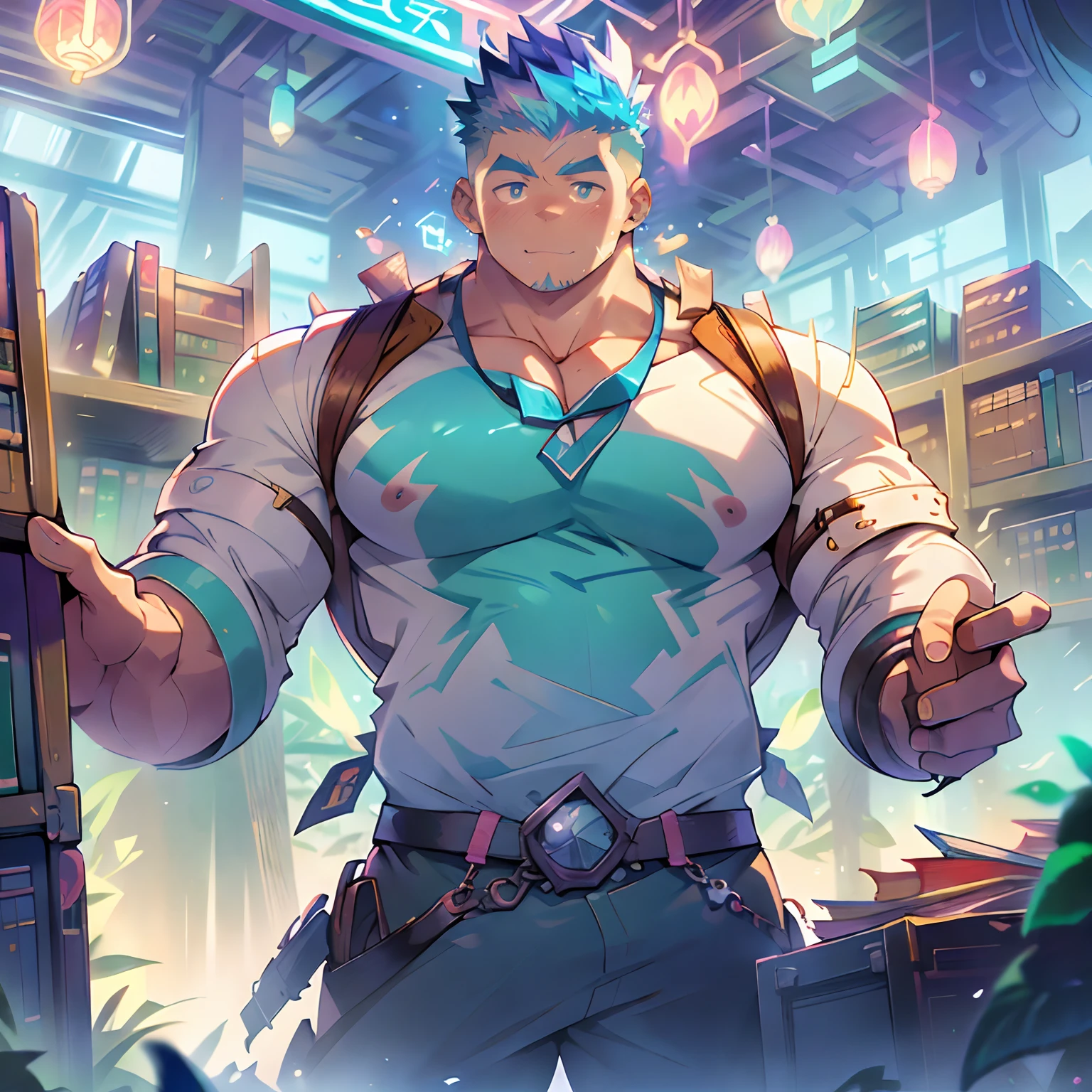 skyscraper colorful neon lights effects, ancient library for botanical magic covered ivy forest, kawaii moe anime 8K, undercut, faux hawk, creamy babyface super buff muscular slayer wear futuristic jacket on shirtless, ton of books, trending on pixiv, kawaii moe anime