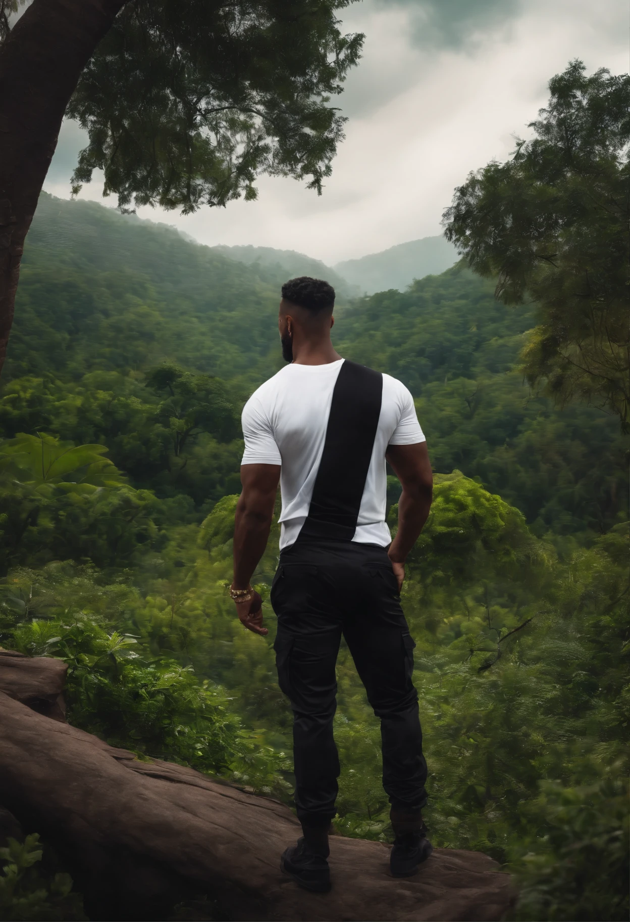 Personagem de desenho animado de homem negro de 38 anos, altura de 1,75, cabelo preto raspado, olhos negros, Dress with white t-shirt and black military pants. Imagem de fundo paisagem de floresta.