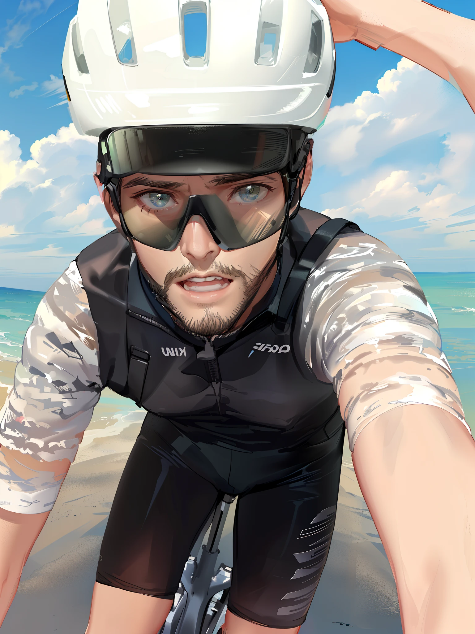 Man riding a bicycle down a road wearing helmet and sunglasses, ciclismo!!, many reflective surfaces, Foto POV, muito suado, frente em, 🤬 🤮 💕 🎀, Fato de ciclismo Nike, suado, point of view of visor wearer, Andar na estrada, Posando, # Oc, #Oc, retrato!!!, Tiro POV, retrato!!