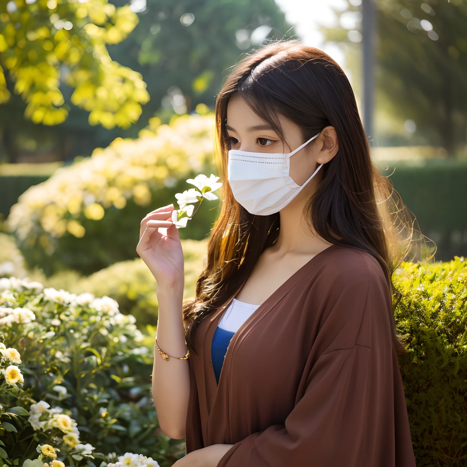 (1.2:best quality,4k,8k,highres,masterpiece), (realistic:1.37), (portrait:1.1), (HDR), (studio lighting), (ultra-detailed), (vivid colors), (bokeh)
A girl wearing a mask in a garden, surrounded by blooming flowers and lush greenery. Her eyes shine through the mask, revealing a sense of mystery and determination. The mask is intricately designed with delicate patterns and vibrant colors, adding a touch of uniqueness to her appearance. She has long flowing hair that cascades down her shoulders, adding an ethereal vibe to the scene. The sunlight streams through the trees, casting a soft and warm glow on her face. Her lips are painted in a vivid shade of red, contrasting beautifully with the mask and her fair complexion. The garden is filled with various types of flowers, their petals gently swaying in the breeze. The air is filled with the sweet scent of flowers, creating a serene and enchanting atmosphere. The girl stands in a graceful pose, exuding confidence and elegance. The overall color tone of the painting is warm and inviting, with a mix of vibrant and pastel hues. The attention to detail in every element of the image is exquisite, capturing the beauty of the girl, the garden, and the mask. The painting evokes a sense of intrigue and captivates the viewer with its realistic representation.