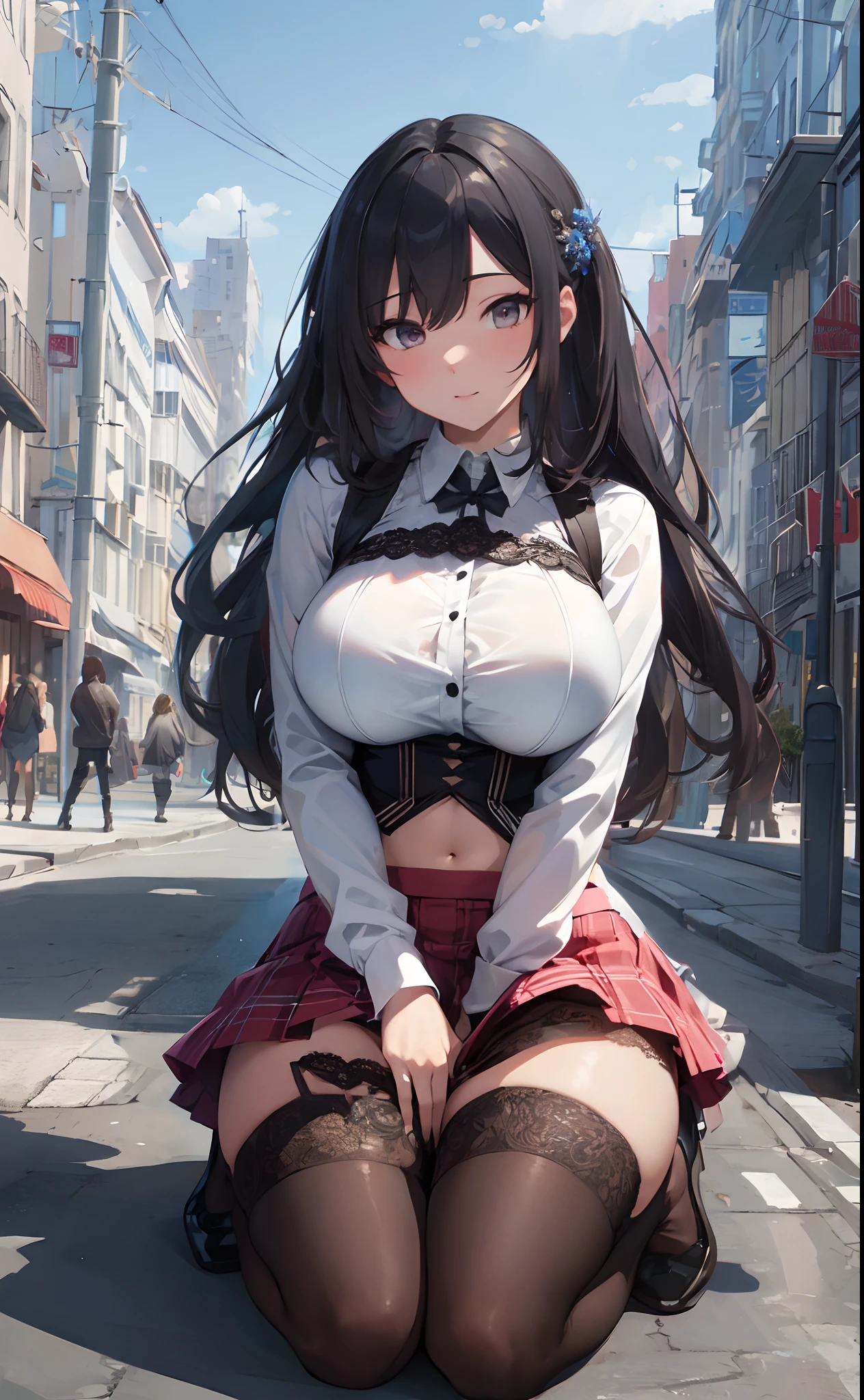 Huge breasts, bra, miniskirt, lace trim