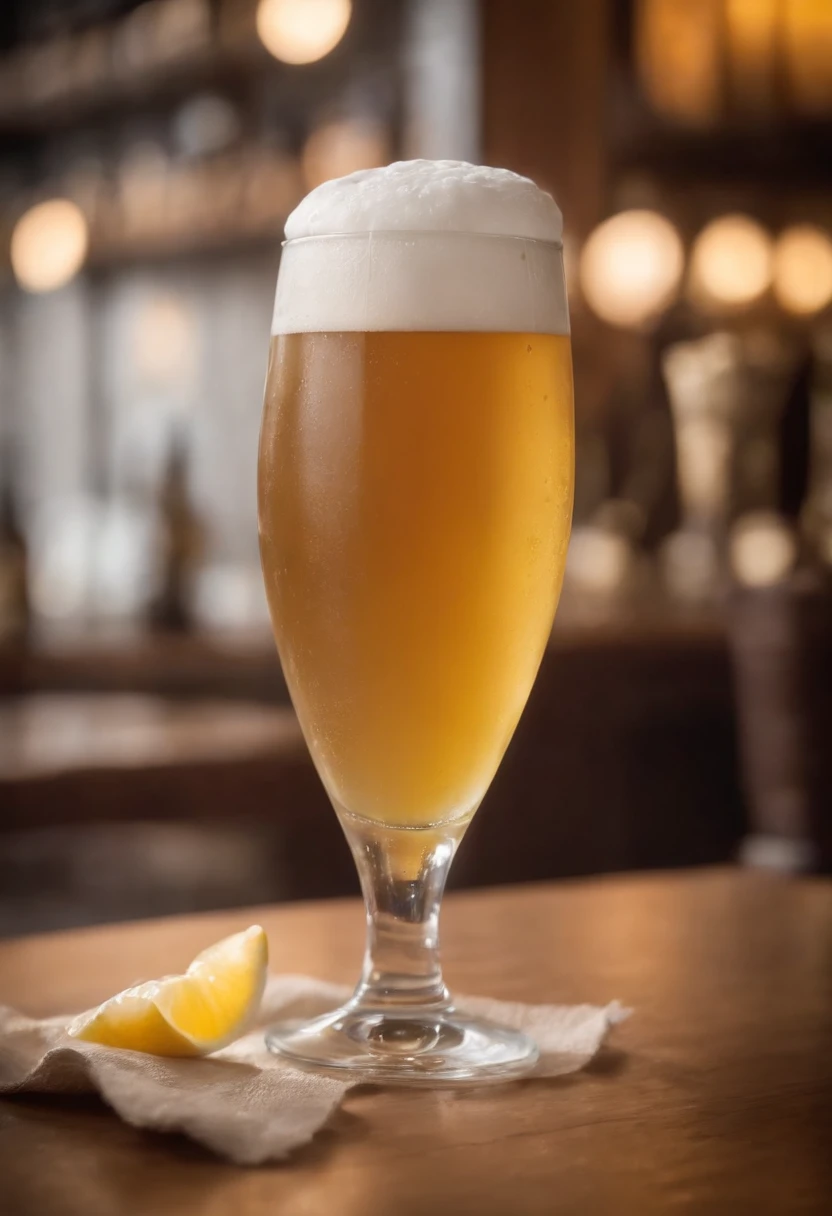 Jarra de cerveza plana, German style, Mucha espuma, Plano delantero, foto realista, Ultra Sharp Focus, Disparos realistas, Fondo moderno, Warm and bright atmosphere, cold beer, con espuma real en el borde, un vaso de vidrio, Tulip Style, Like tulip full of beer, Similar a los anuncios de cerveza, Comercial de cerveza, with cumpeaños candles on top of beer foam