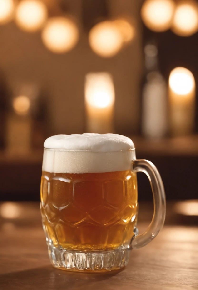 Jarra de cerveza plana, German style, Mucha espuma, Plano delantero, foto realista, Ultra Sharp Focus, Disparos realistas, Fondo moderno, Warm and bright atmosphere, cold beer, con espuma real en el borde, un vaso de vidrio, Tulip Style, Like tulip full of beer, Similar a los anuncios de cerveza, Comercial de cerveza, with cumpeaños candles on top of beer foam