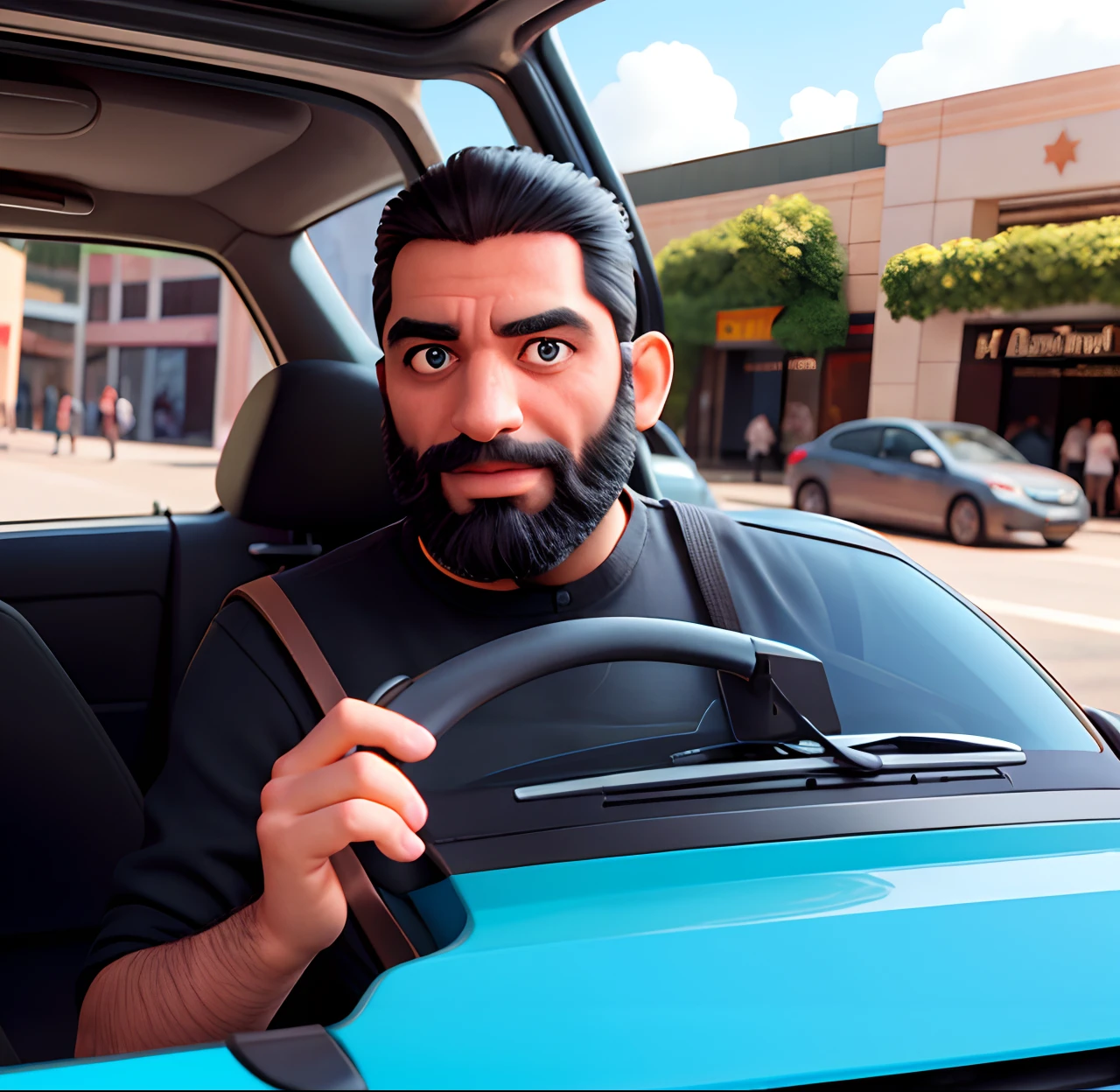 Homem 37 anos , olhos e cabelo castanhos, barba fechada, em um shopping , com carro verde no fundo