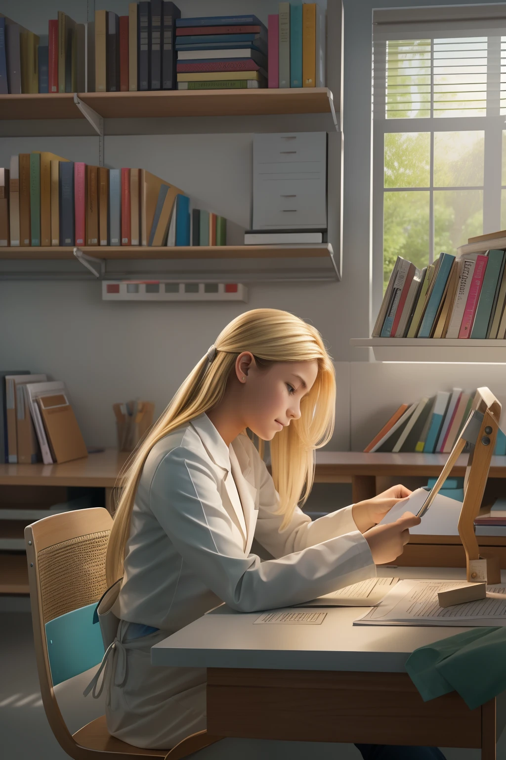 /Imagine Prompt: An 18-year-old blonde and white medical student sits at her desk in the classroom, con una bata blanca de laboratorio. She's focused, Take a test seriously and decisively. The environment around you is rendered in ultra-realistic 8k, con todos los detalles refinados y minuciosamente representados. Los escritorios, Pizarras, Notas, and the books are organized in an organized manner, crear un ambiente propicio para el estudio. The lighting is soft, highlighting the student's concentrated expression and the details of the environment. La imagen es una pintura digital hiperrealista, Created with advanced digital painting techniques to faithfully reproduce the student's ultra-realistic details, La bata de laboratorio y el ambiente del aula. --ar 16:9 --V 5