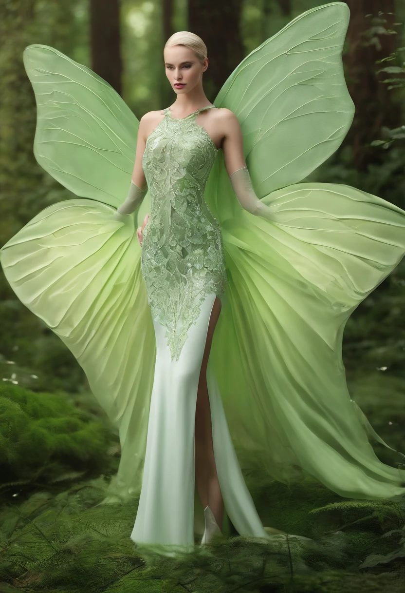 Design a virtual outfit,A pale green clawless butterfly is the main inspiration,The color is mainly light green,white colors,It is in the shape of a skirt,The design style is sci-fi, High-end and modern,The texture of the garment presents a three-dimensional silk silk light and flowing texture,The design screen presents a picture of the entire costume design,The background presents a natural scene of the forest, It has the texture of three-dimensional transparent glass crystals,Among them there is a bright surface of water,Colorful plants,Huge trees and vivid birds,C4D design, Design tools