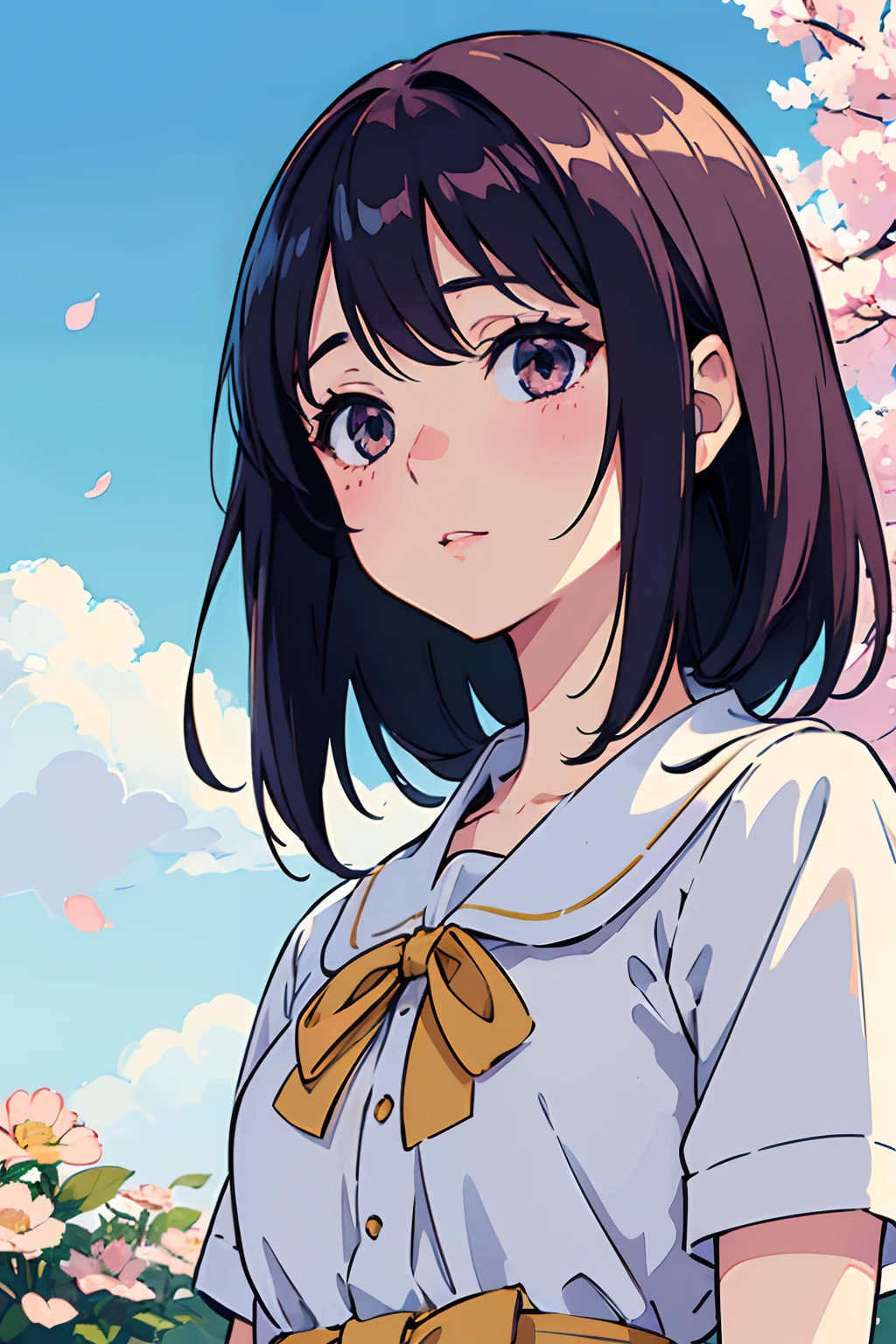 (A high resolution, Best quality:1.2), 1girll, Radiance, soft contour, Beautiful drawing, Upper body, concept-art, eyeslashes, Kyo Ani Hinata style, touko, Sun, Spring, Blue sky, Detailed background, Light blush, Bright colors