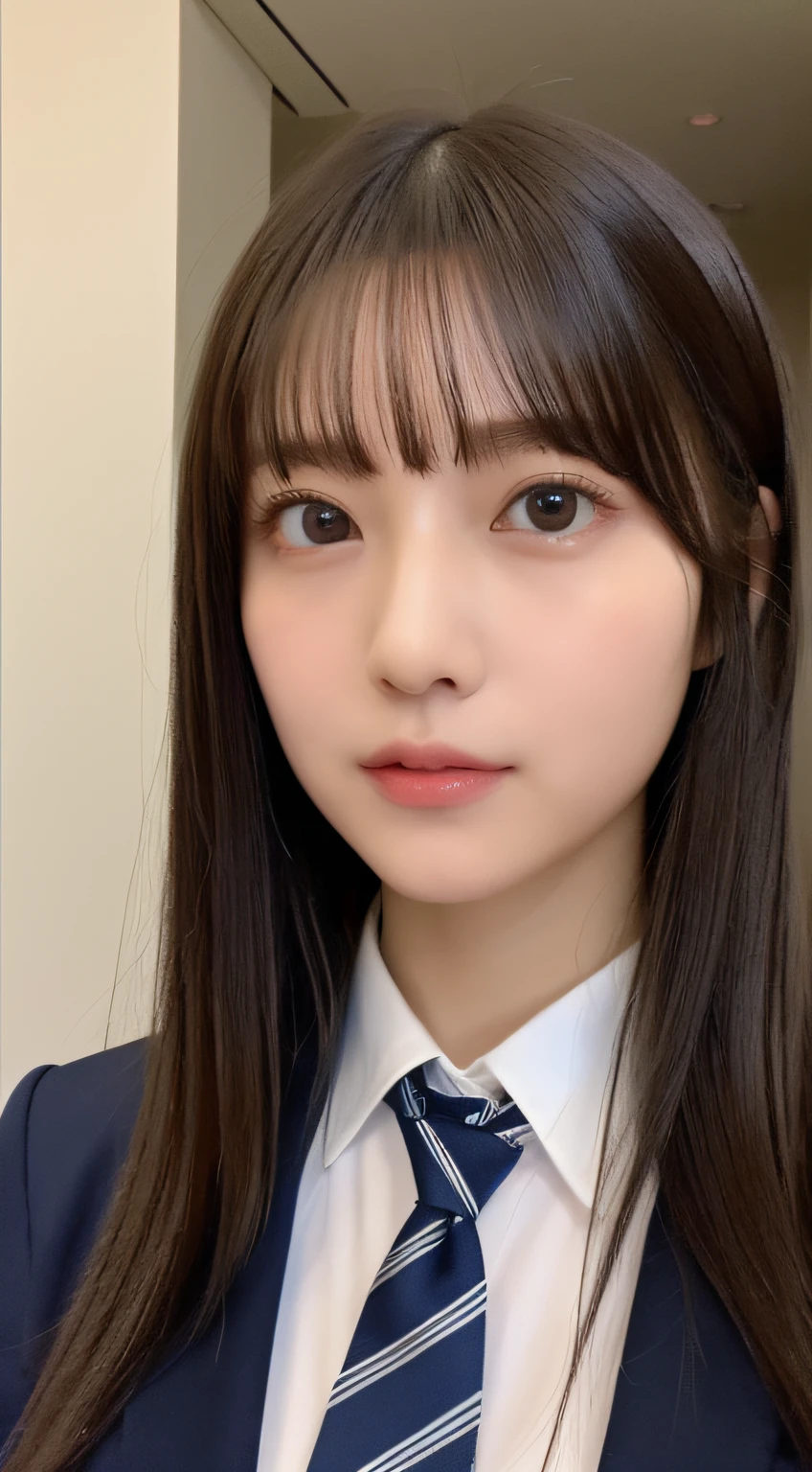 ((top-quality、8K、​masterpiece:1.5))、One girl、(Unhealthy face)、(Letter to)、Blunt bangs、(Lots of bangs:1.4)、(full body Esbian:1.4)、(Symmetrical face)、hyperdetailed face、Ultra detailed mouth、A detailed eye、Detailed ears、Slim Faces、(selfee:1.4)、(Looking Up)、(From  above)、(Straight long hair、Ahoge:1.3)、(Upper Eyes)、the background is blurred、(Recruit suit、neck tie:1.3)、lipgloss、(hotel entrance)、(natural soft light:1.3)、