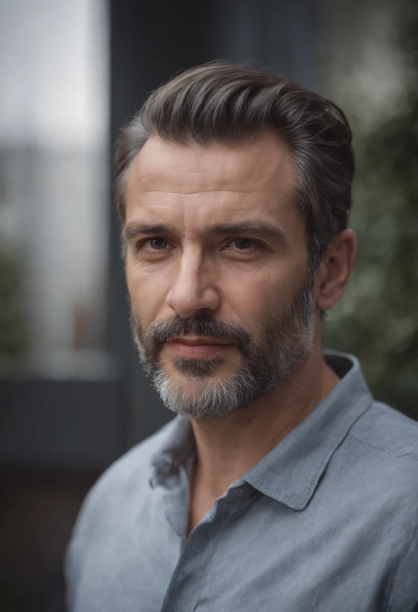 homem 50 anos, cabelos curto preto, olhando pro horizonte,::n_barba