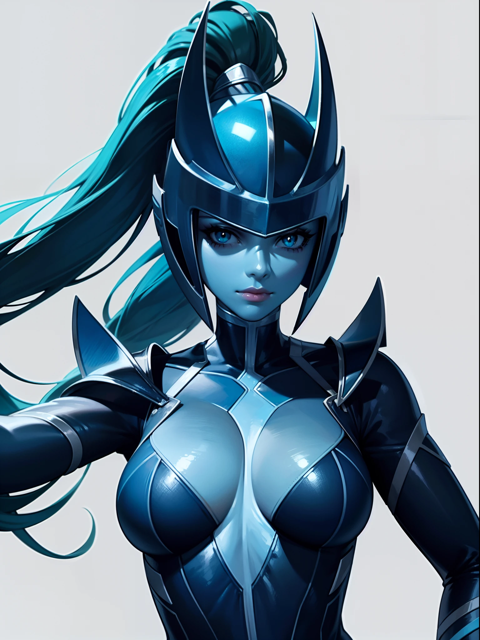 masterpiece, best quality, 1girl, kalista, closeup, blue skin, colored skin, glowing, helmet, long hair, no pupils, ponytail, solo, sketch, simple background