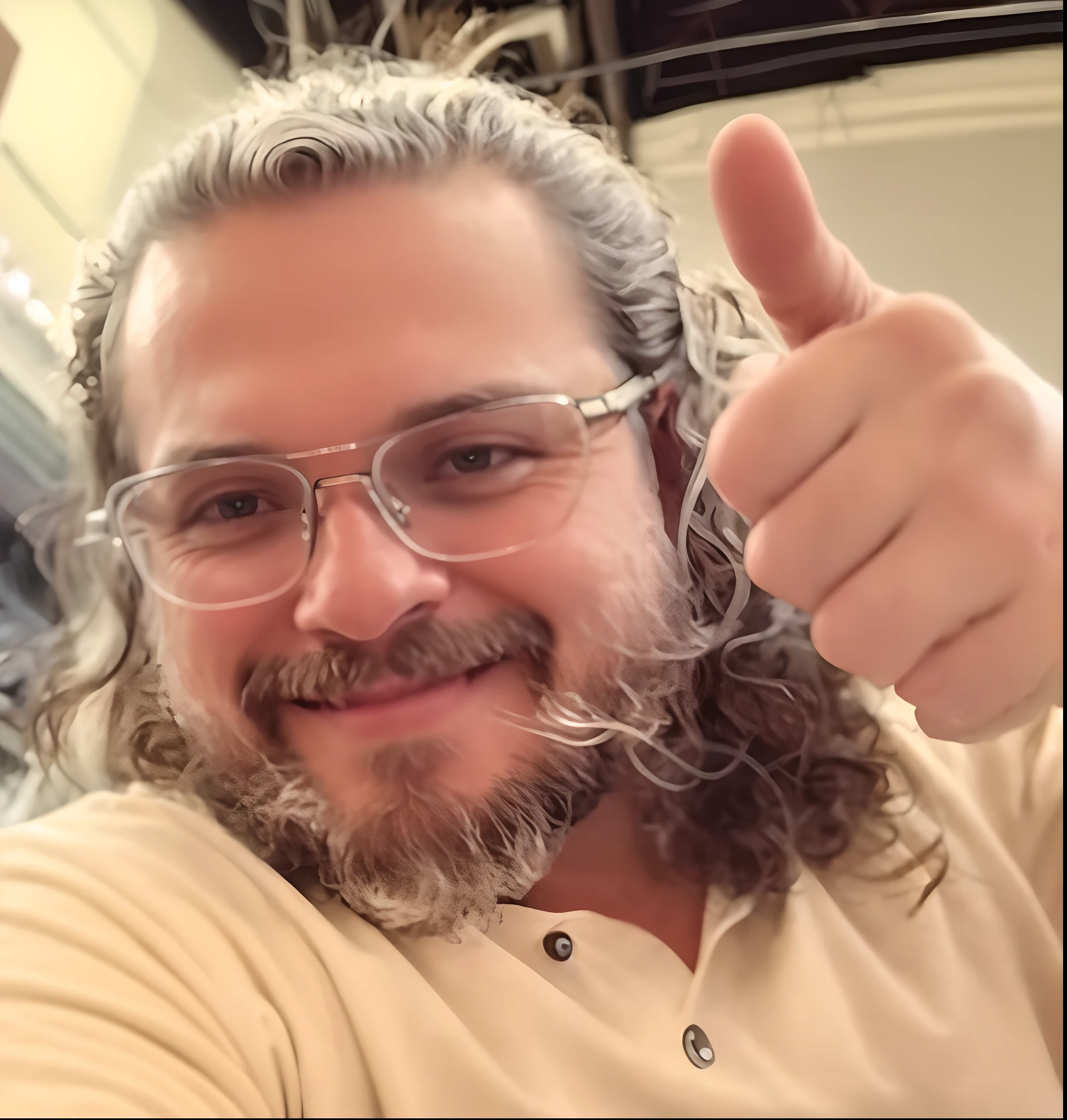 There's a man with long curly blond hair and glasses giving a thumbs up, com barba e cavanhaque, Greg Ruggowski, Streamer do Twitch / Jogador Ludwig, Greg Ruthkowski, Marcos Simonetti, homem branco de 35 anos, Qualidade de arte original, Disney character animation style, jovem e bonito, standing posture, olhando para frente, soft smiling expression, luz de fundo azul, translucid, com luz como tema, the focus of light is on the characters, the overall picture is fresh and bright.