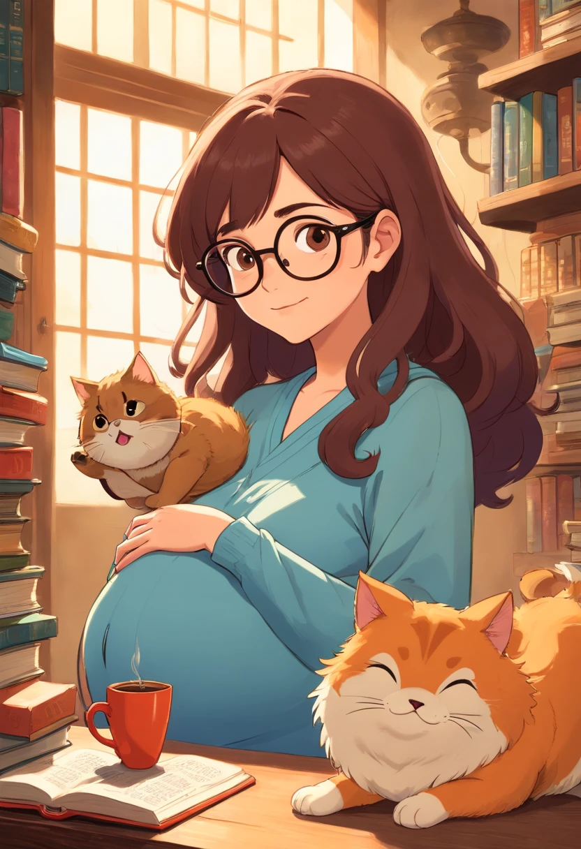 Create a Disney Pixar character version of a pregnant woman, quem gosta de livros, dogs, Cats & Coffee. Ela mora no Rio de Janeiro. She wears glasses. She is a brunet and her hair was curly and of medium size.