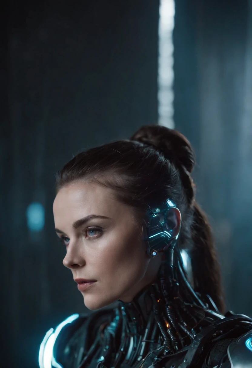 Eine Frau mit Roboterteil, ::Futuristischer Cyberpunk-Stil, Realistischer Stil ::n_Digitaler Malstil, Verformte Teile, Deformiertes Gesicht