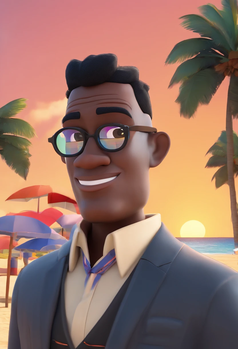 Cartoon character of a man wearing black glasses and dark skin Pixar wearing vest worn with suit standing in front of Copacabana beach (3d) rosto fino cabelos pretos