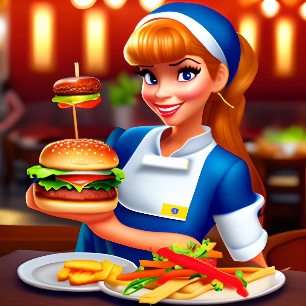 A 3D Disney style girl with an x burger in her hands with hungry look and wearing waitress outfits