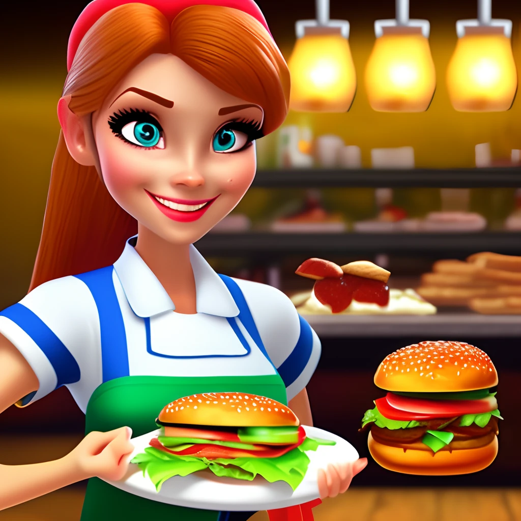 A 3D Disney style girl with an x burger in her hands with hungry look and wearing waitress outfits
