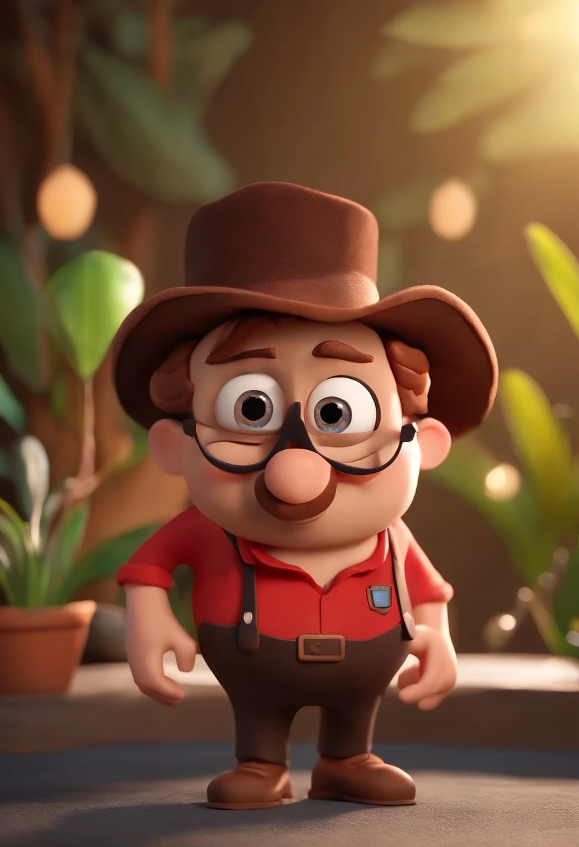 Cartoon character of a man with black glasses and a red shirt, bigode, olhos verdes, gordinho, animation character, Caractere estilizado, animation style rendering, 3D estilizado, Arnold Maya render, 3 d render stylized, toon render keyshot, Personagem 3D, Personagem 3D, 3d rendering stylized, 3 d character render, personagem de desenho animado, Personagem de close up, Pose de personagem, (Estilo Pixar) (master part:1.2) (Bokeh) (melhor qualidade) (pele detalhada) (textura detalhada) (8k) (argila) (Cinematic lighting) (foco nítido