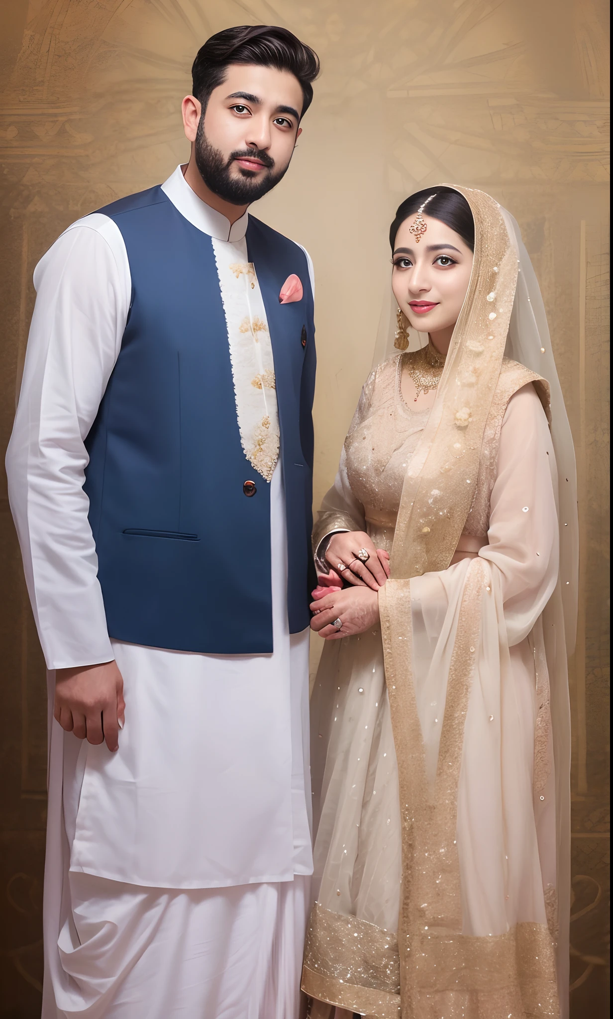 they are dressed in traditional attire and posing for a picture, wedding photo, lovely couple, wedding, by Riza Abbasi, official photos, very clear picture, khyzyl saleem, ruan ji, couple, wife, inspired by Riza Abbasi, traditional clothes, wearing traditional garb, kyza saleem, happy couple, traditional clothing