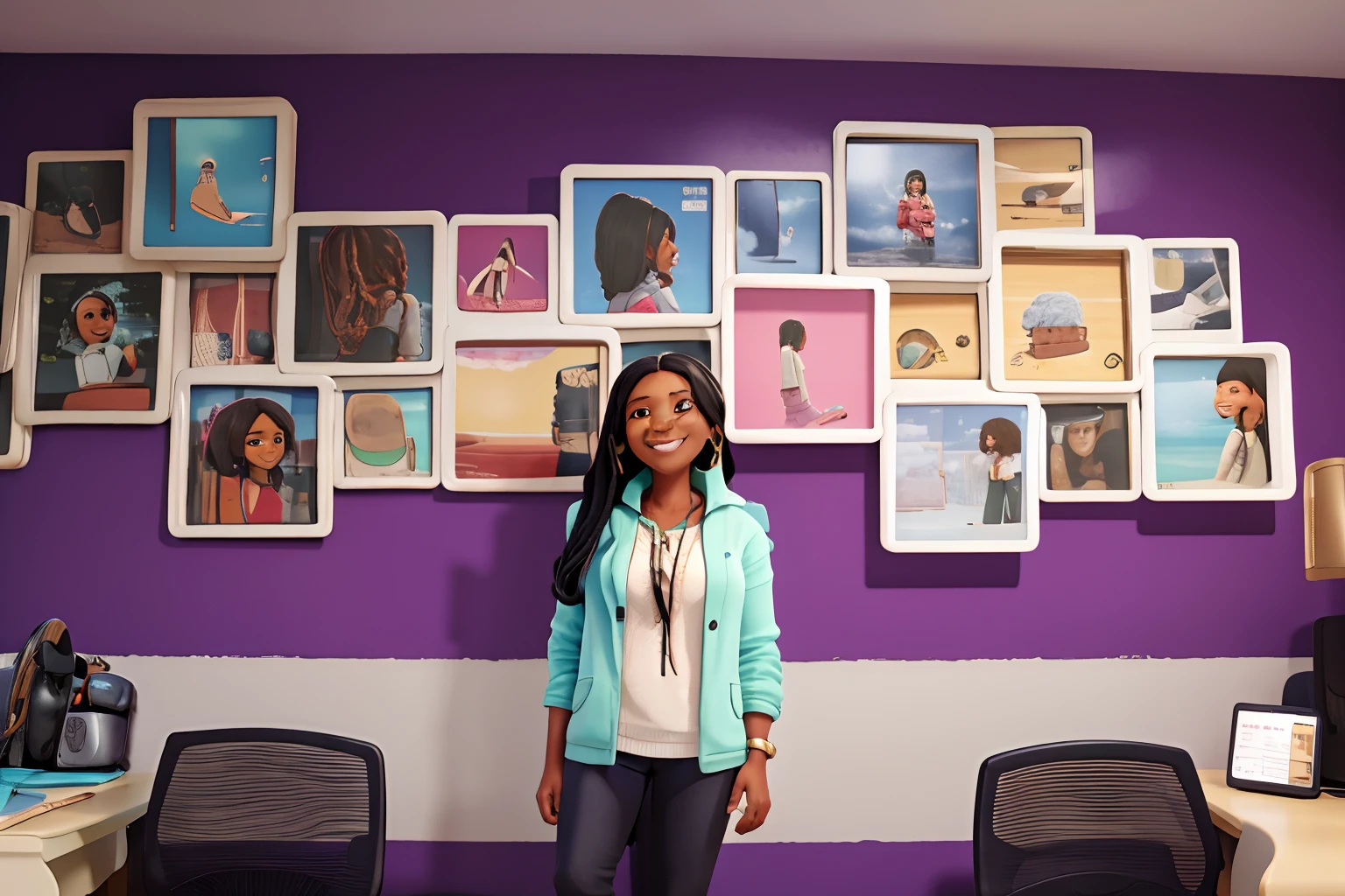 middle aged black woman with long black hair smiling with hands in pockets