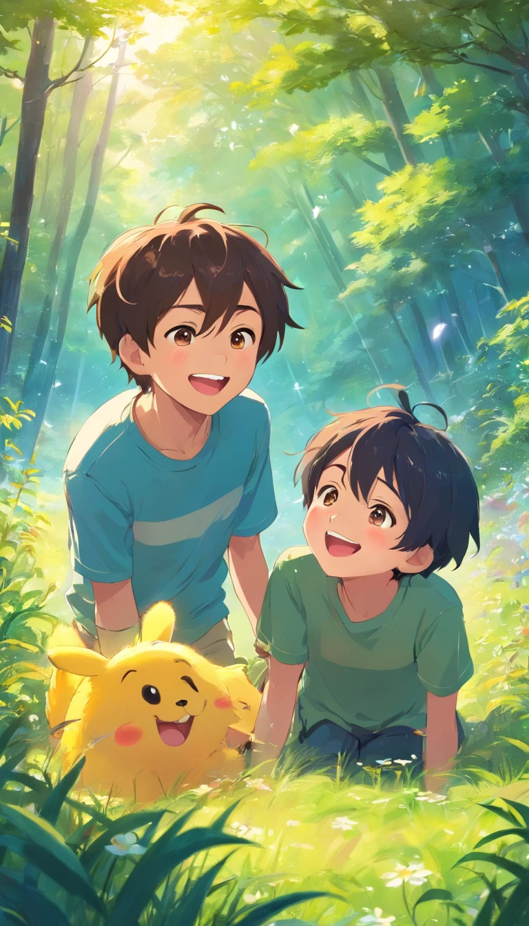 **[cutecore, Tiny magnetic cores, The heart of nature] A cute boy laughing with his friend, Pixar style eyes