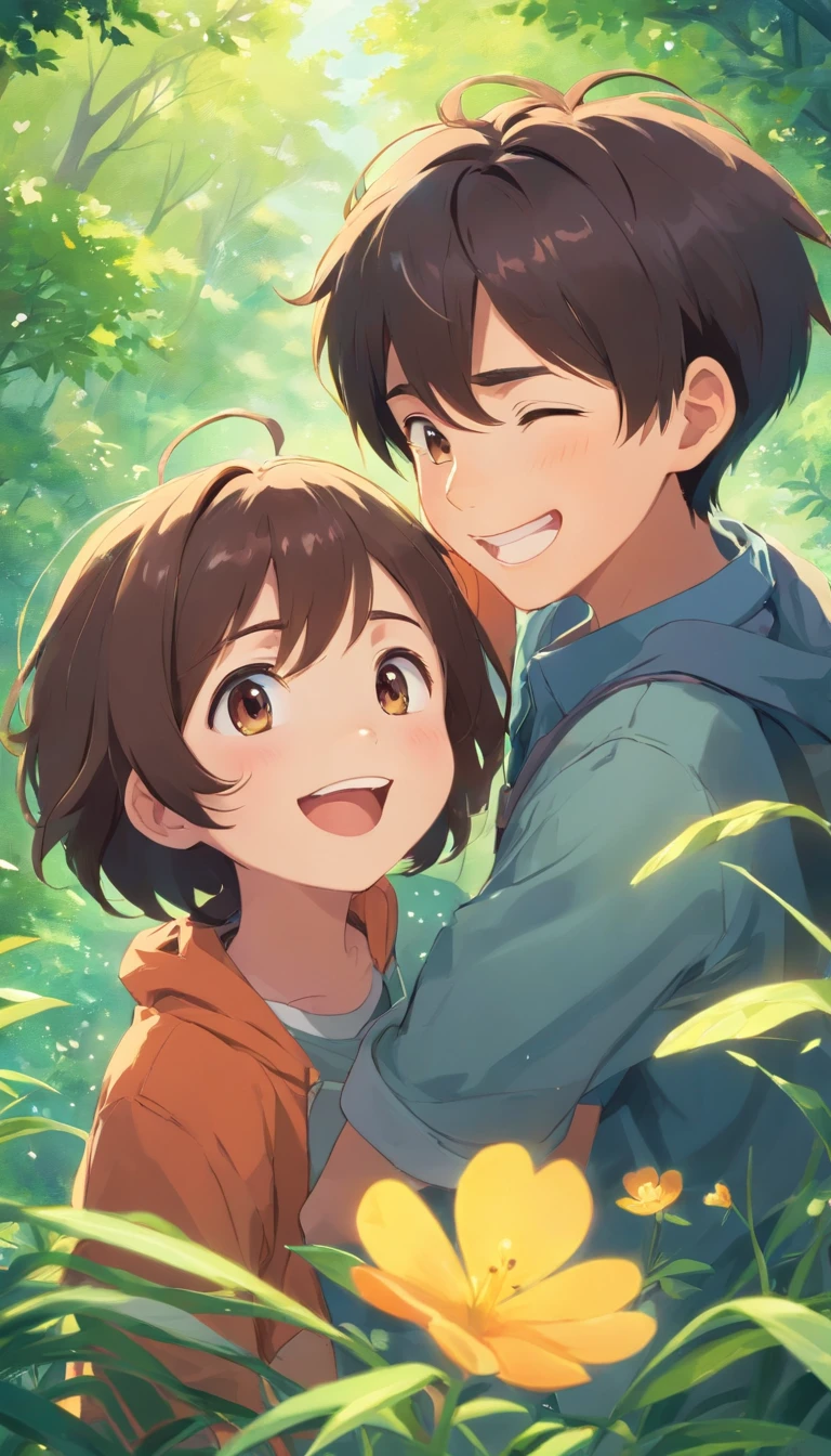 **[cutecore, Tiny magnetic cores, The heart of nature] A cute boy laughing with his friend, Pixar style eyes