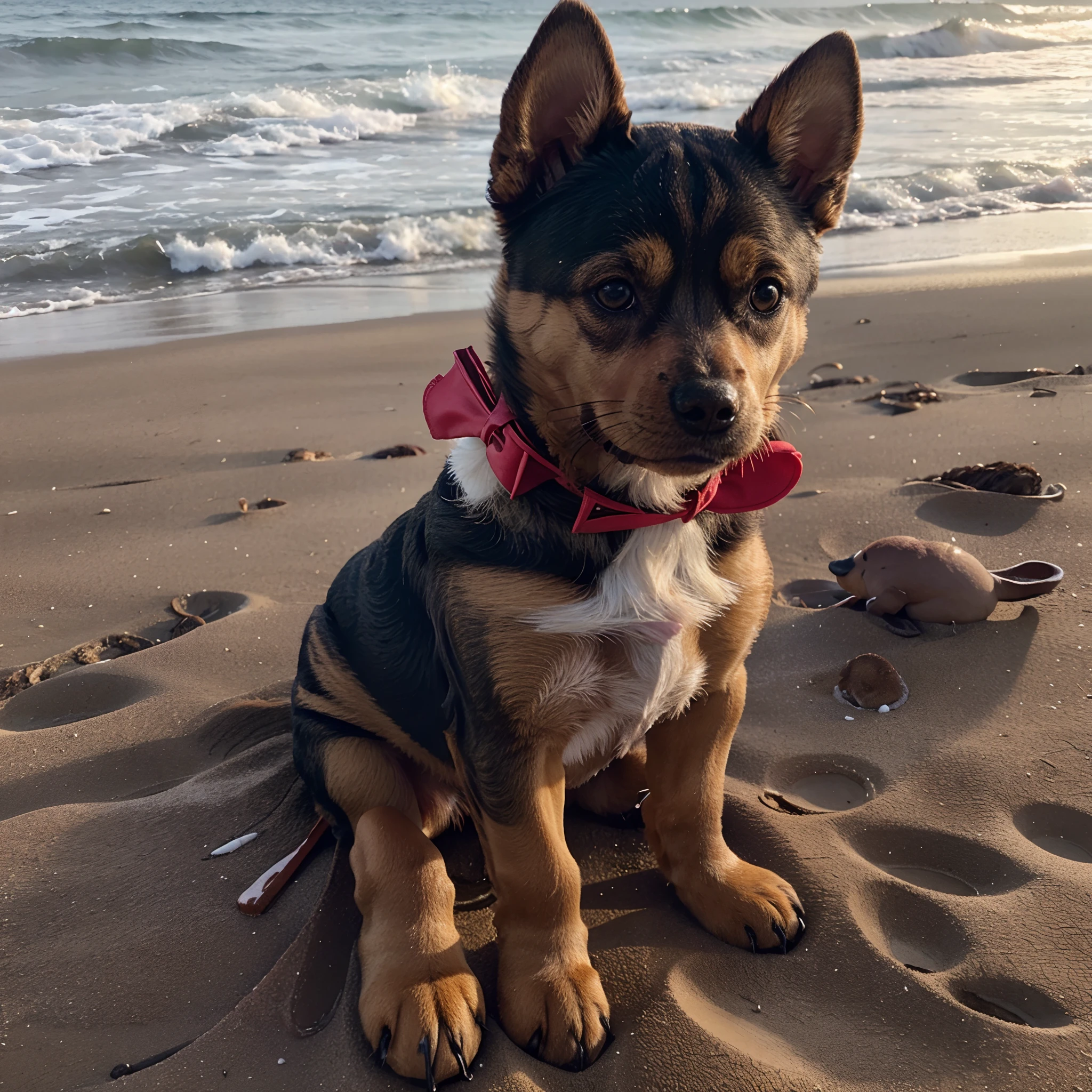 Caramel medium-sized dog with a bow on her head on a beach with a stuffed duck in her mouth