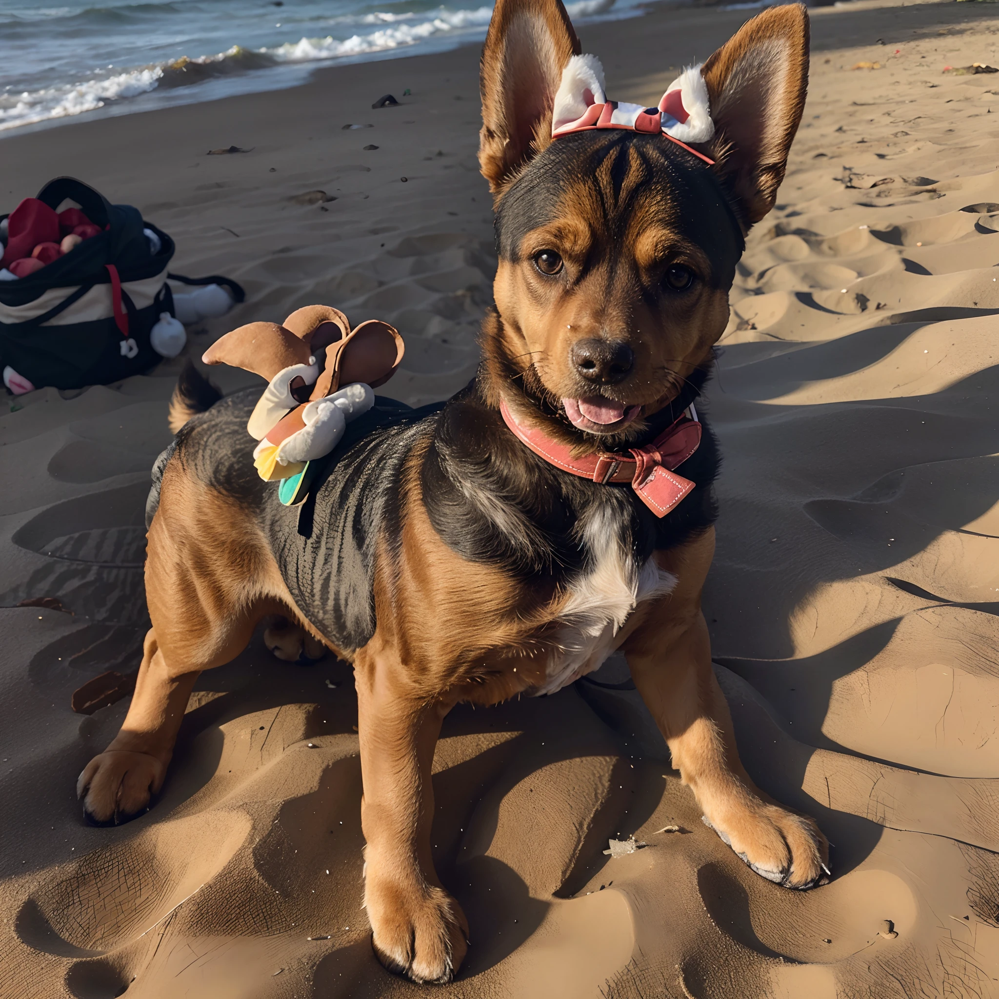 Caramel medium-sized dog with a bow on her head on a beach with a stuffed duck in her mouth