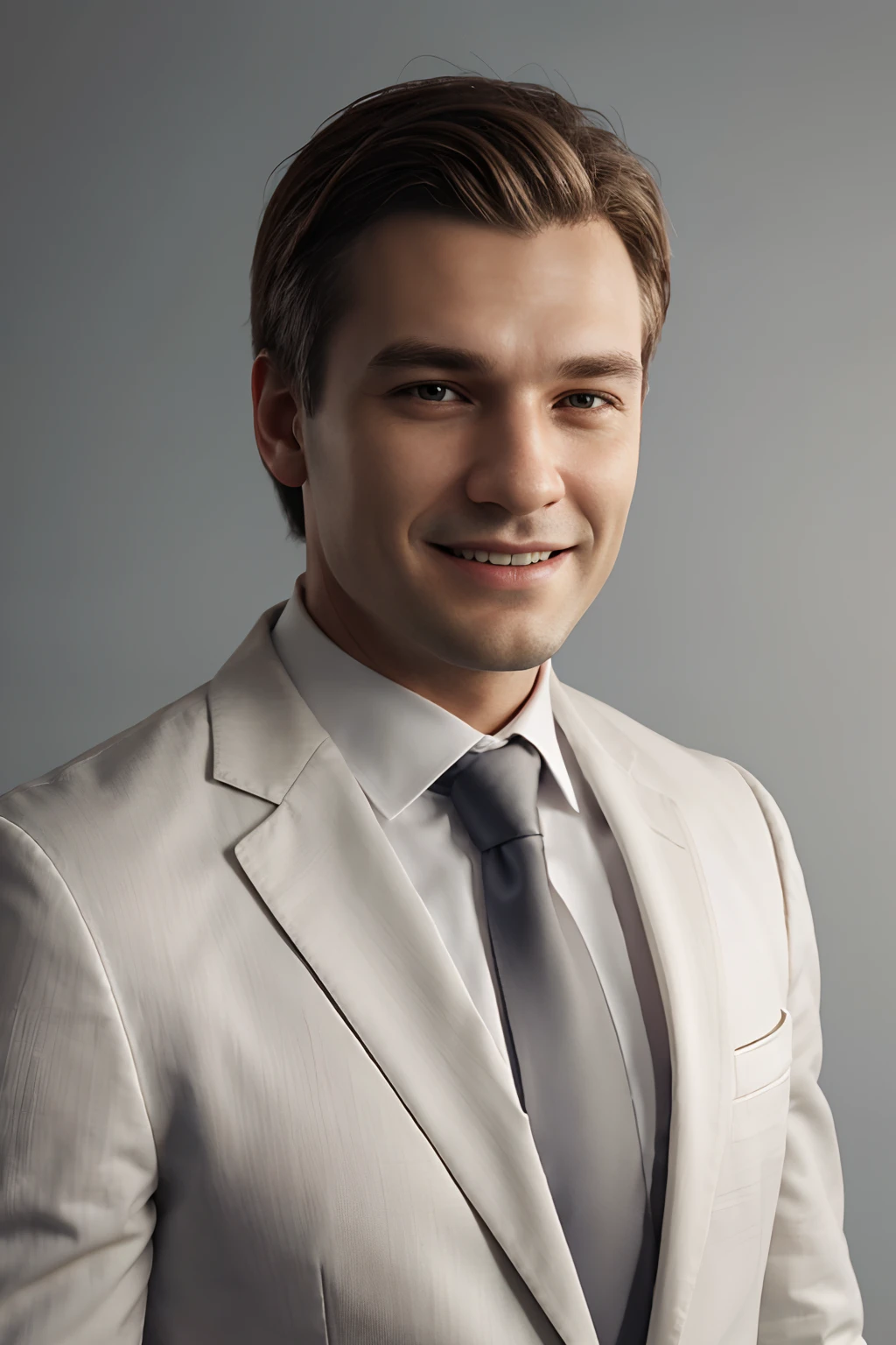 super realistic and detailed 3d render. Professional profile photo. White man in suit. Perfect lighting. shoulders up. Smiling looking directly at camera. Single colour background.