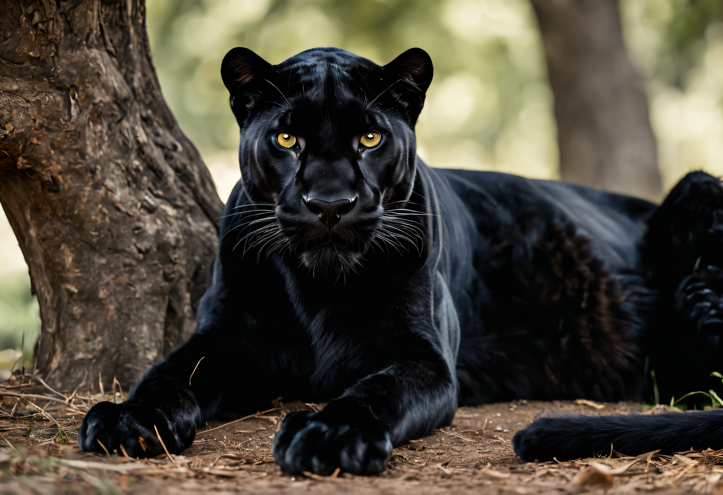 (best quality, 4k, 8k, high resolution, masterpiece: 1.2), ultra-detailed, (realistic, photorealistic, photorealistic: 1.37),professional photography of a black panther resting under the shade of a tree, full body, looking at camera, blurred background, award-winning photography