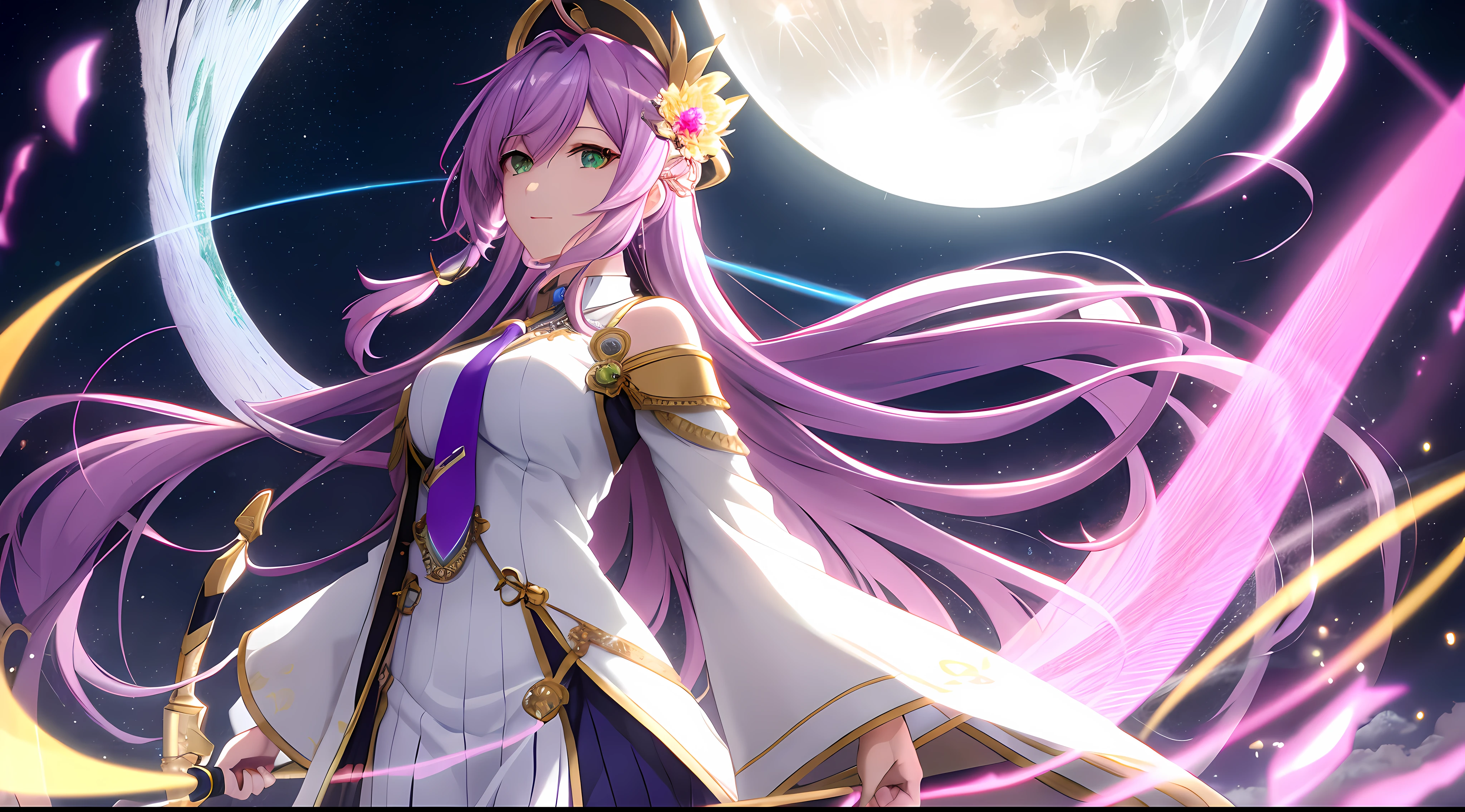Athena with plain long light purple hair,hair between eyes,green eyes,rosy cheeks,full lips,thin eyebrows,slender body,wearing golden coat necktie covering body and full long skirt,praying beads on neck,beads on neck,cute anime girl,full body,above the moonlit clouds in background,anime style,Lumen Reflections,Screen Space Reflections,Diffraction Grading,Chromatic Aberration,GB Displacement,Scan Lines,Ray Traced,Anti-Aliasing,FXAA,TXAA,RTX,SSAO,Shaders,OpenGL-Shaders, GLSL-Shaders,Post Processing,Post-Production,cell Shading,Tone Mapping,CGI,VFX,SFX,insanely detailed and intricate, 4K,standing, solo, masterpiece, best quality, detailed face, detailed eyes, highres, standing, solo,masterpiece, best quality