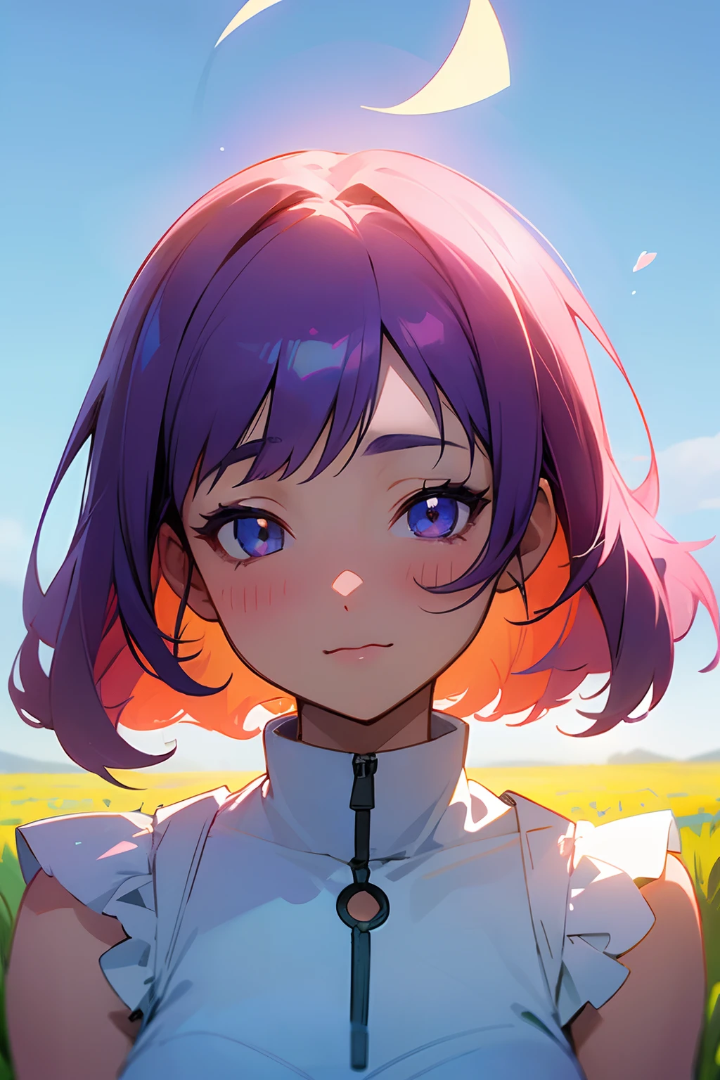 (A high resolution, Best quality:1.2), 1girll, Radiance, soft contour, Beautiful drawing, Upper body, concept-art, eyeslashes, Kyo Ani Hinata style, touko, Sun, Spring, Blue sky, Detailed background, Light blush, Bright colors