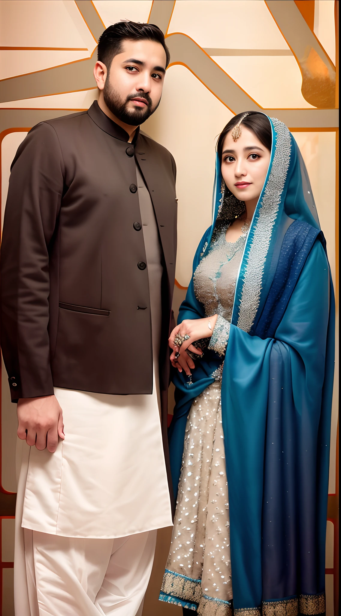 they are dressed in traditional attire and posing for a picture, wedding photo, lovely couple, wedding, by Riza Abbasi, official photos, very clear picture, khyzyl saleem, ruan ji, couple, wife, inspired by Riza Abbasi, traditional clothes, wearing traditional garb, kyza saleem, happy couple, traditional clothing