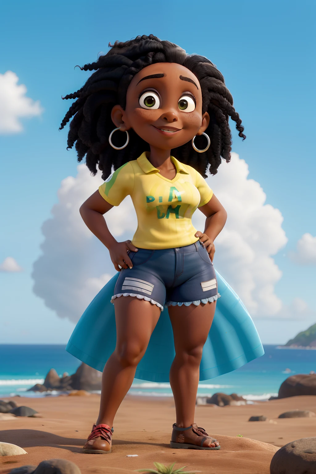 Obra-prima, de melhor qualidade, uma mulher de 36 anos,pele parda clara, big and black hair,olhos castanho escuro,who wears dark aqua green braces,nariz meio fino e pequeno, de blusa do Flamengo