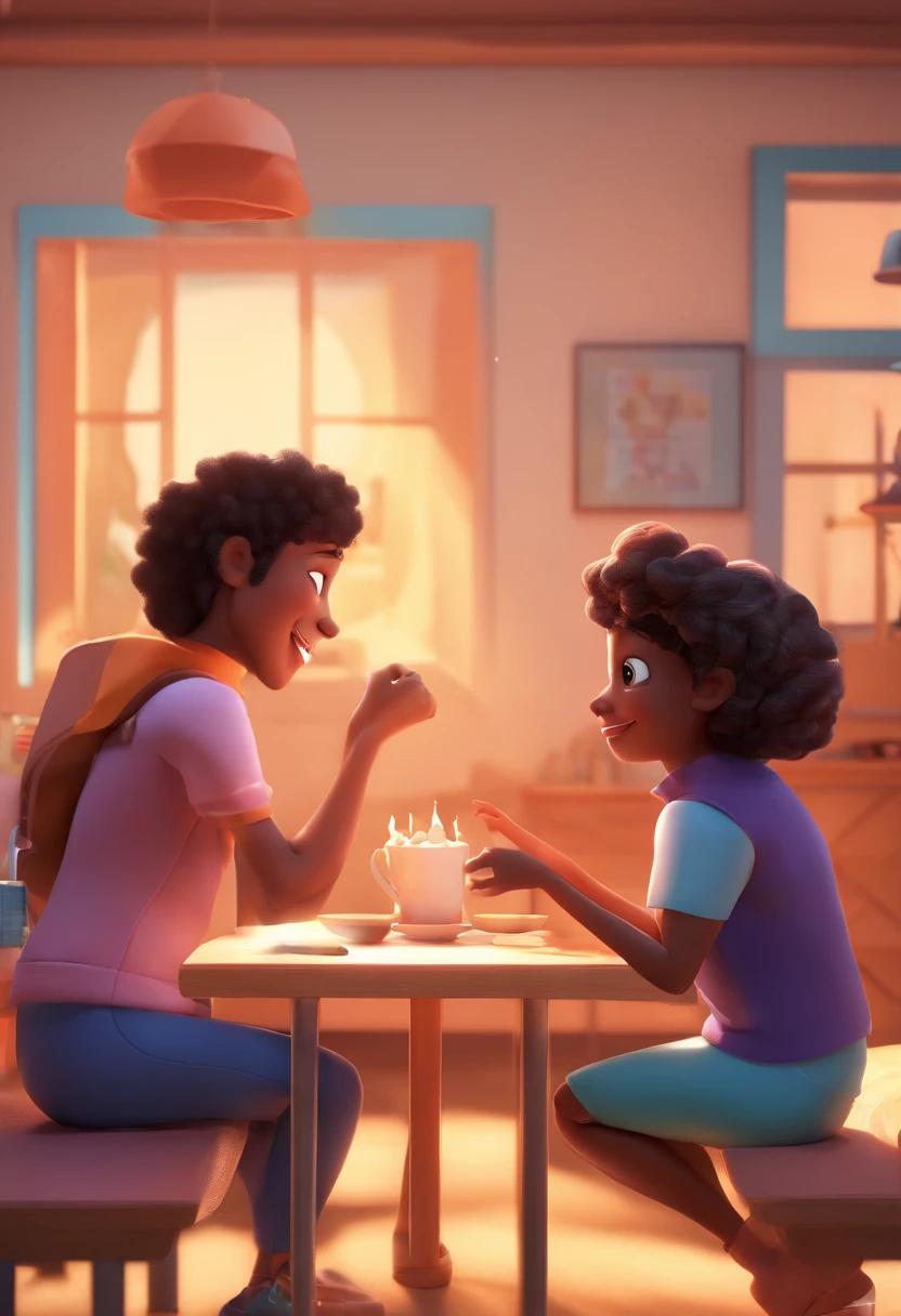 An illustration of an adorable couple, destacando um homem e uma mulher com bonito, Expressive eyes – the man's skin is black and the man's hair is bald and black, while the woman's skin is black and the woman's hair is curly and brown. They are a bright room, cada um com um sorriso no rosto, e compartilhar um momento especial caracterizado pelo amor, arroz, e insights educacionais. Illustrate this scene from a perspective where they are facing away from the camera, Showing Your Connection. Desenvolva esta arte em Full HD, Focus on your cinematic touch, Estilo Disney Pixar Animations