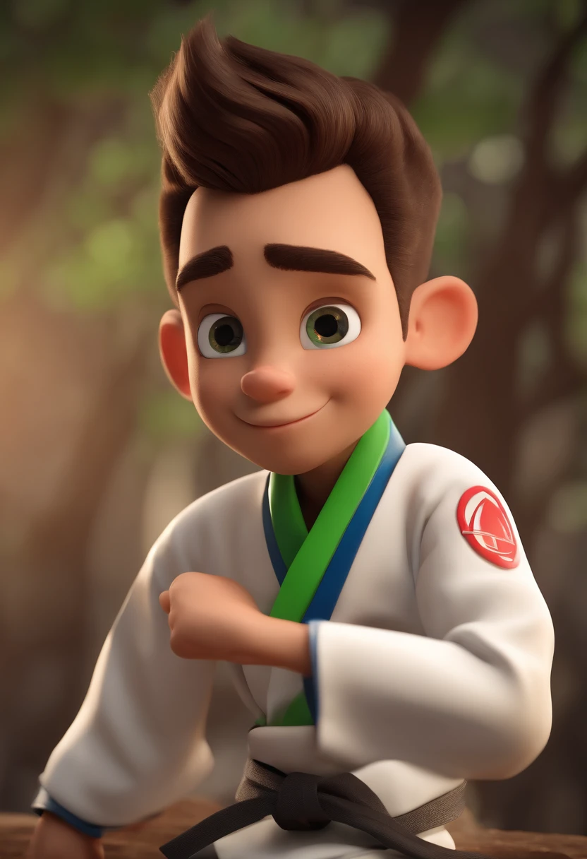 personagem dos desenhos animados de um ****** de 15 anos, com olhos verdes, kimono de jiu jitsu, on a first-place podium , animation character, Caractere estilizado, animation style rendering, 3D estilizado, Arnold Maya render, 3 d render stylized, toon render keyshot, Personagem 3D, Personagem 3D, 3d rendering stylized, 3 d character render, personagem de desenho animado, Personagem de close up, Pose de personagem,  (Estilo Pixar) (master part:1.2) (Bokeh) (best quality) (pele detalhada) (textura detalhada) (8k) (argila) (Cinematic lighting) (foco nítido