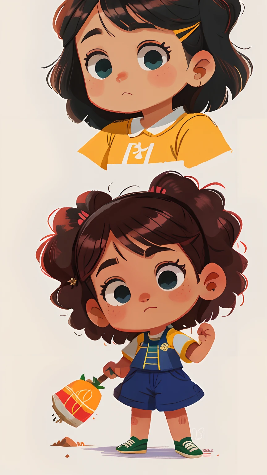 Uma menina com a pele branca , com sardas no rosto ,,cabelo loiro curto e de macacao  e tenis preto