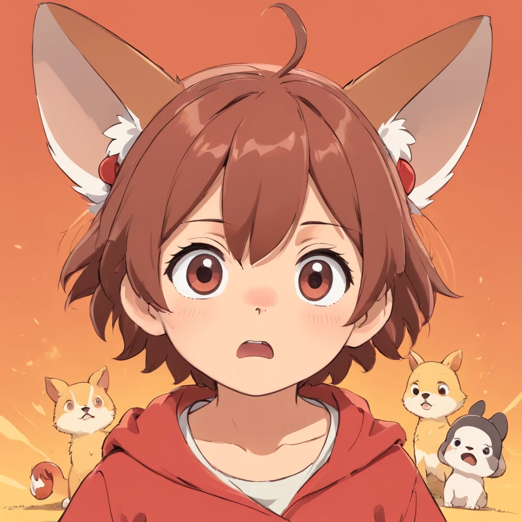 Q version of the little boy，Simple lines，There are two beagle ears on the head，Dirty face，Just finished fighting，The expression is angry