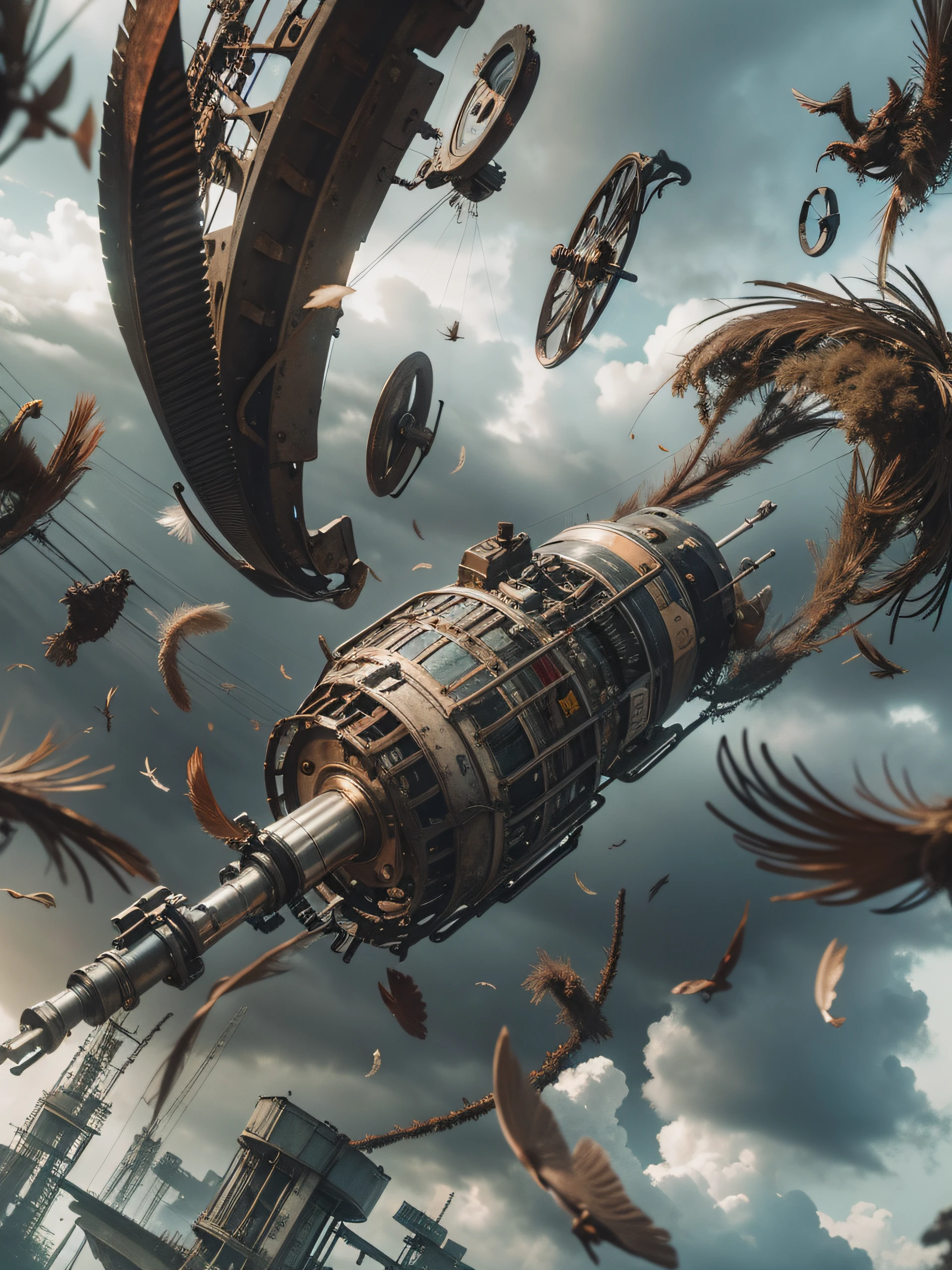 a heavily distorted, fading late morning heavily overcast sky, multiple objects comprised of contorted feathers/machinery/pipes/rusted components is floating in the air, extra detail, 4kHD details, best resolution, surrealistic composition, extreme camera angle, motion blur, depth of field, foreshortening, tilted camera angle, cinematic lighting, movie scene, precise details, intense details, panoramic image, fish eye lens, image within image, floating picture frame