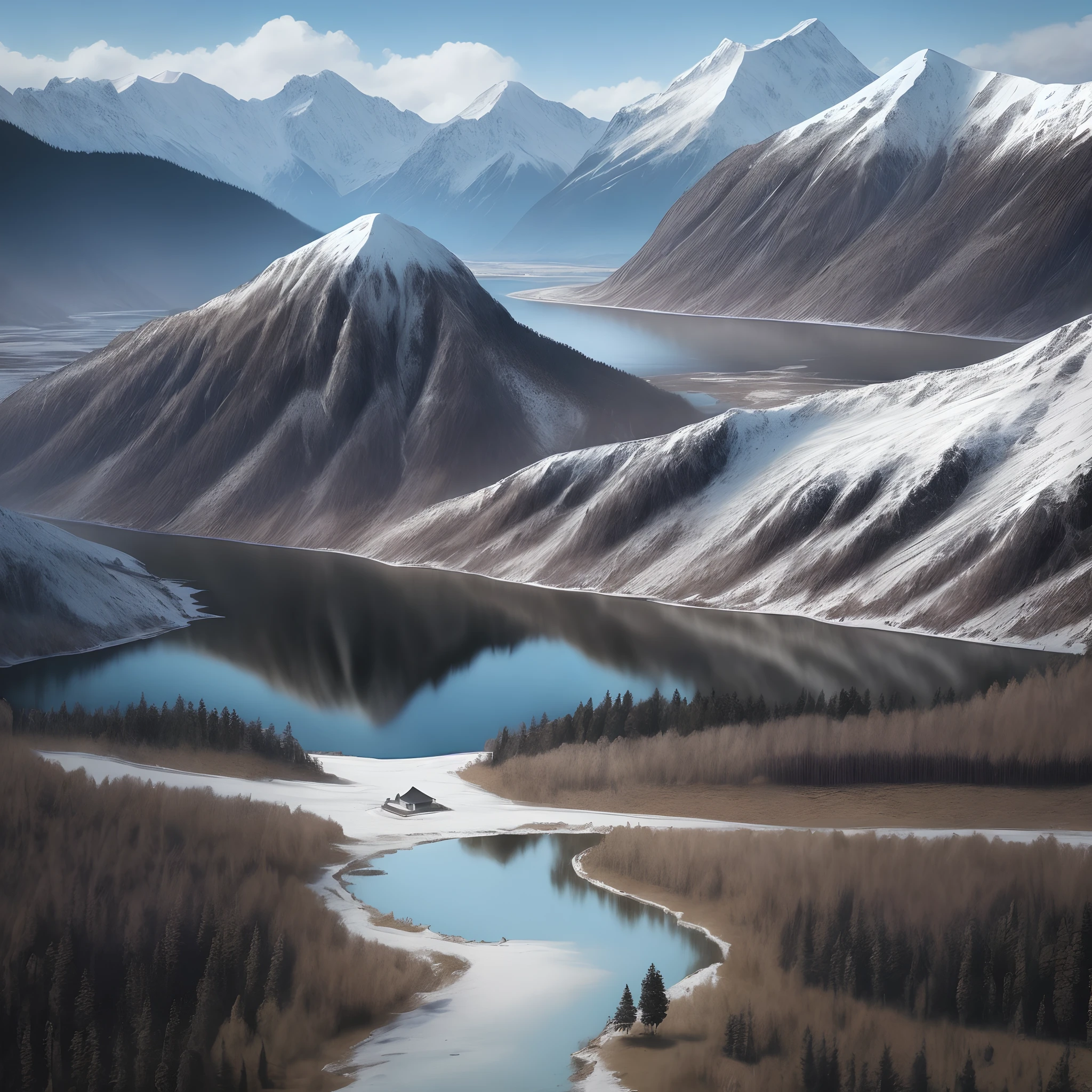 Des montagne en noir et blanc. Au premier plan en petit un personnage. Au second plan, in the distance and in small next to a river, un temple. Et au dernier plan plan de vaste montagne.