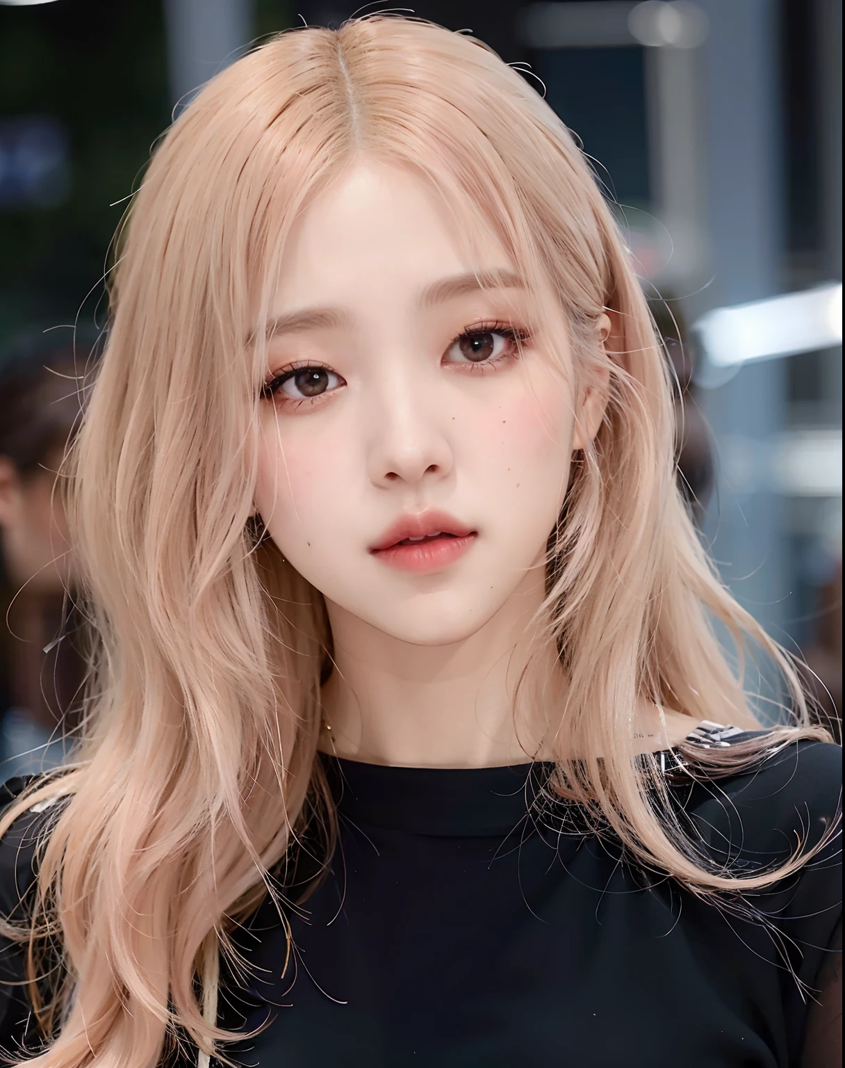 Un primer plano de una mujer con el pelo largo y rubio y una blusa negra, Parque Roseanne de Blackpink, Retrato de Jossi de Blackpink, Jossi de Blackpink, Lalisa Manoban de Blackpink, maquillaje popular de Corea del Sur, tzuyu de dos veces, Retrato Jisoo Blackpink, Tono de piel rosa pastel, Jisoo de Blackpink, Jisoo de Blackpink, maquillaje coreano popular