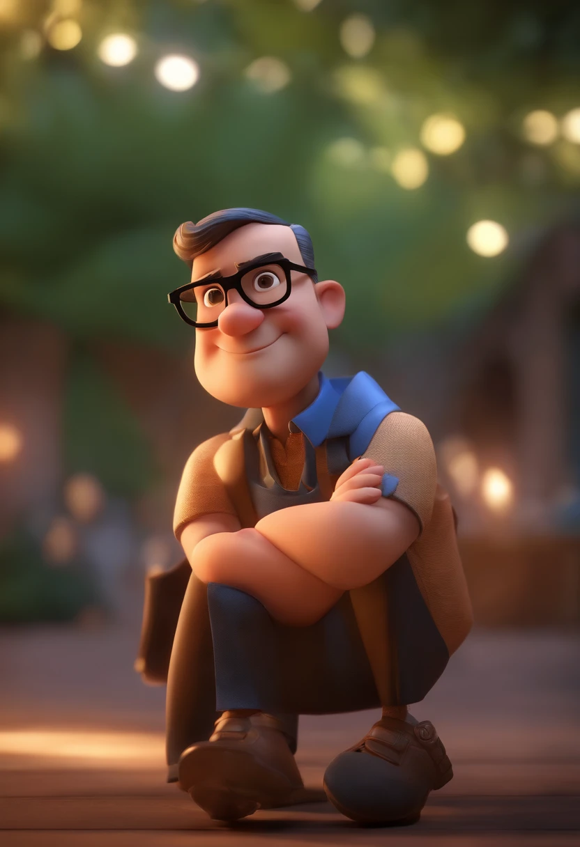 Cartoon character of a man wearing black glasses and a blue shirt, um personagem animado, Caractere estilizado, animation style rendering, 3D estilizado, Arnold Maya render, 3 d render stylized, toon render keyshot, Personagem 3D, Personagem 3D, 3d rendering stylized, 3 d character render, personagem de desenho animado, Personagem de close up, Pose de personagem, (Estilo Pixar) (master part:1.2) (Bokeh) (best quality) (pele detalhada) (textura detalhada) (8k) (argila) (Cinematic lighting) (foco nítido,Senta e vaza a parte superior do corpo