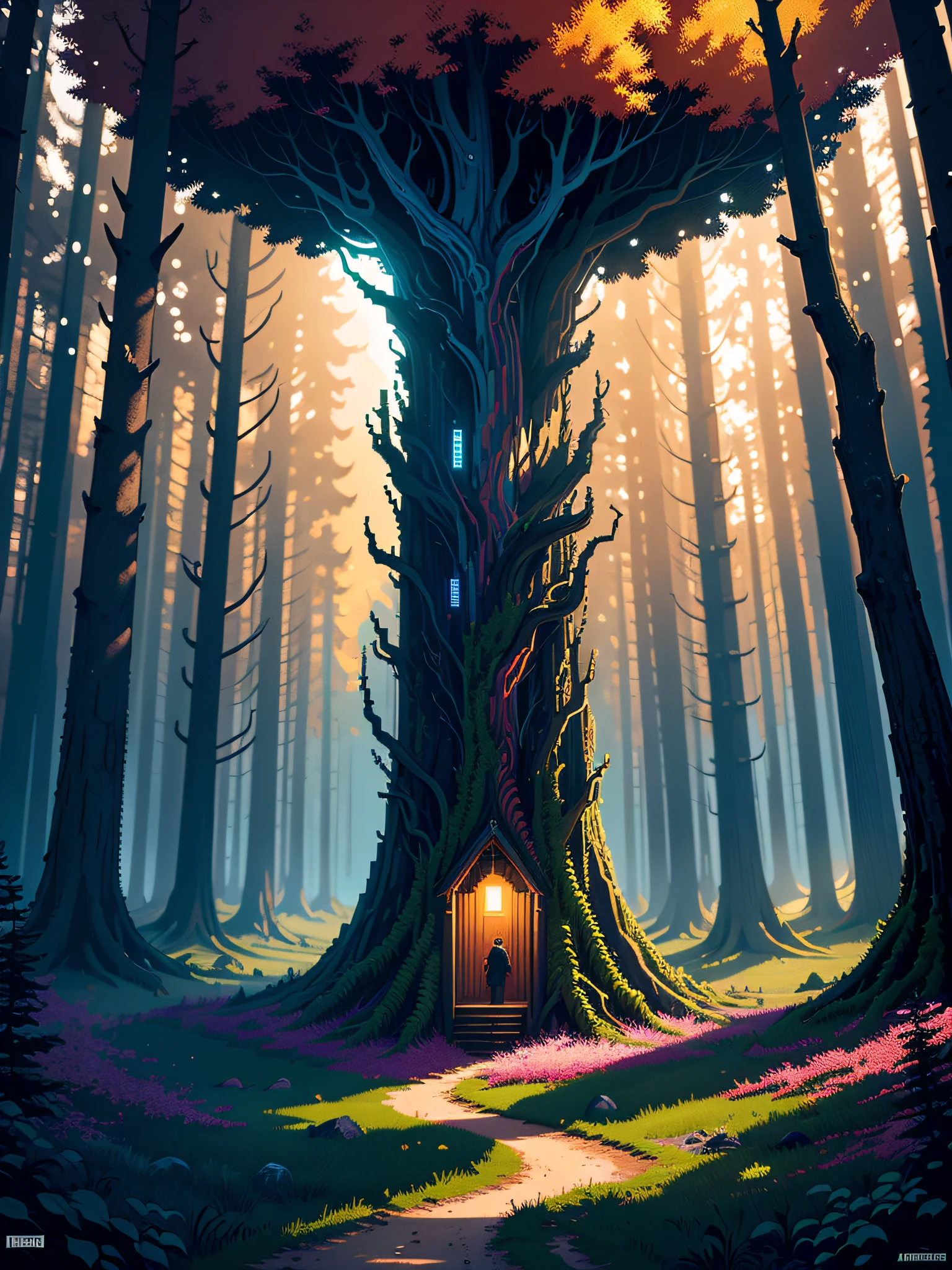 pixel art, forest, intricate, colorful, high contrast colors, very detailed, high quality, made by Aase Berg, panoramic shot, cinematographic illumination