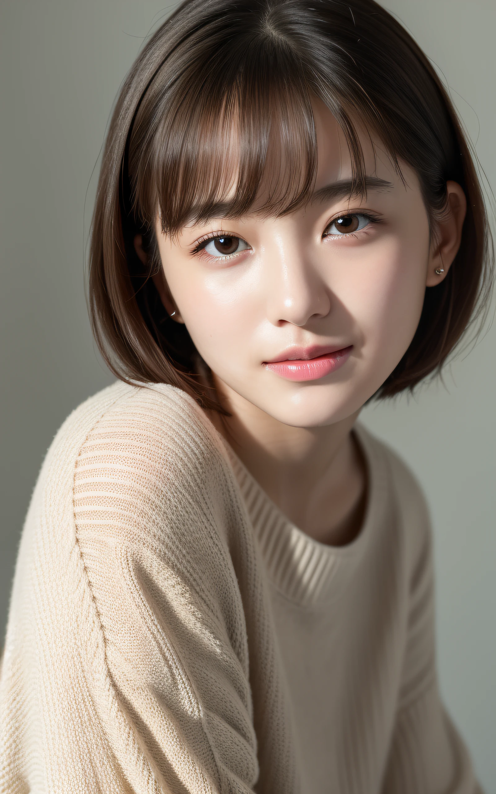 (Photo Real:1.4), (hyper realisitic:1.4), (Smooth lighting:1.05), 1 girl, (sad:1.4), mouth slightly open, neat and clean beauty, 22 years old, Soft lighting, Back lighting, (cheerfulness:1.2), (Finest Real Textured Skins), Narrow-eyed, Super fine face, glowy skin, retinas, Anatomically correct, acurate, Super Detail, Textured skin, High quality, high details, Best Quality, High resolution, short hair, bangs, sweater