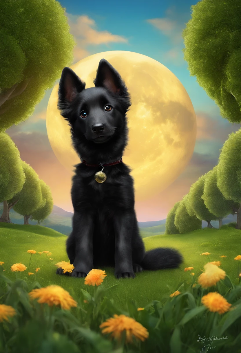 (highres, best quality:1.2),wide shot, black Belgian Groenendael shepherd puppy with a moon costume, playfully dressed, vibrant colors, detailed fur, friendly eyes, smiling face, curious expression, fluffy ears, green grass, blue sky, soft clouds, carefully rendered 3D cartoon, exaggerated features, pixar character style, vivid colors, vibrant hues, whimsical art, defined shadows, playful lighting, enchanting atmosphere