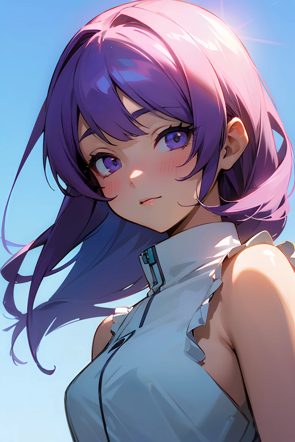 (A high resolution, Best quality:1.2), 1girll, Radiance, soft contour, Beautiful drawing, Upper body, concept-art, eyeslashes, Kyo Ani Hinata style, touko, Sun, Spring, Blue sky, Detailed background, Light blush, Bright colors