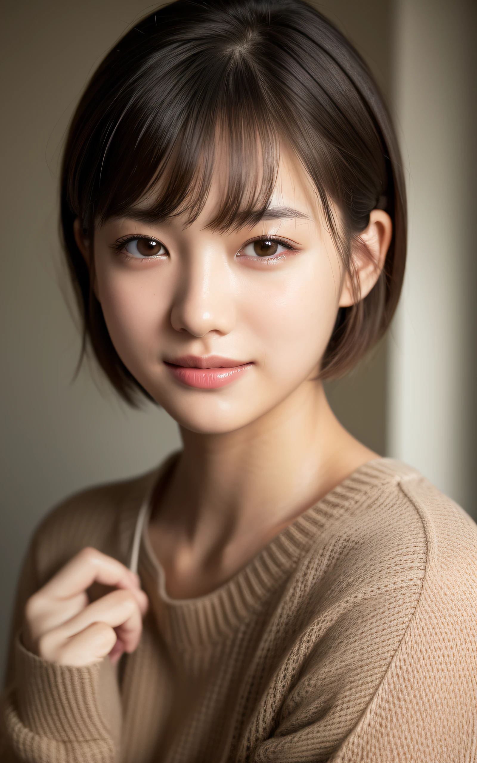 (Best quality, 8k, 32k, Masterpiece, UHD:1.3),Photo of Pretty Japanese woman, large breasts, very short bob hair, upper body,(oversized_sweater:1.1) ,necklace, healthy skin, simple background, (looking down:1.3),smile, cleavage view, middle angle