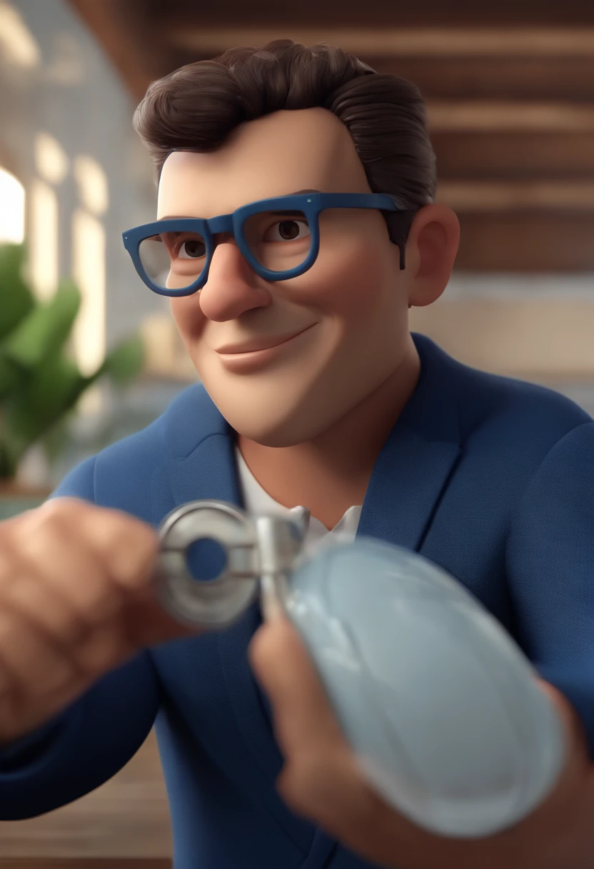 Cartoon character of a man wearing black glasses and a blue shirt, um personagem animado, Caractere estilizado, animation style rendering, 3D estilizado, Arnold Maya render, 3 d render stylized, toon render keyshot, Personagem 3D, Personagem 3D, 3d rendering stylized, 3 d character render, personagem de desenho animado, Personagem de close up, Pose de personagem, (Estilo Pixar) (master part:1.2) (Bokeh) (best quality) (pele detalhada) (textura detalhada) (8k) (argila) (Cinematic lighting) (foco nítido，Senta e vaza a parte superior do corpo