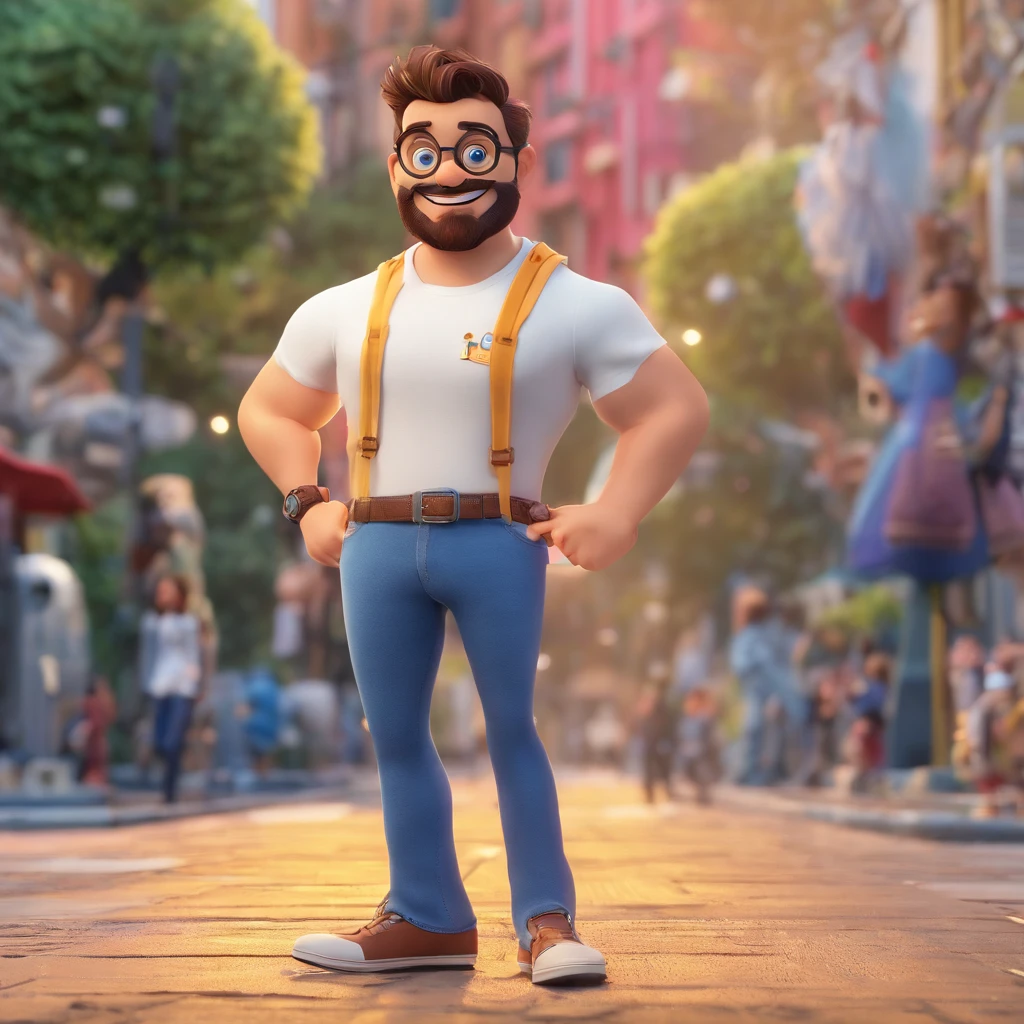 create a 3D movie poster inspired by Disney Pixar, capturando uma cena com um homem de 34 anos, branco, magro, com barba, com alguns fios brancos no cavanhaque, who wears prescription glasses, quadrado, with blue frame. tem cabelo curto raspado de cor castanho escuro. ele tem olhos escuros, um sorriso grande, A mouth with full lips. He's wearing a T-shirt and jeans, walking on the paulista in the city of Sao Paulo.