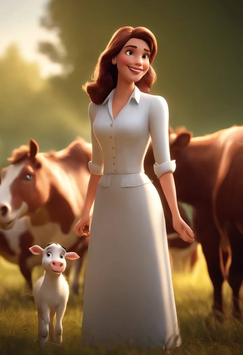 Cartoon character of a happy woman in white dress shirt on a farm petting a cows and horses Animation character, Caractere estilizado, animation style rendering, 3D estilizado, imagem no estilo Disney Pixar(Estilo Pixar) (master part:1.2) (Bokeh) (melhor qualidade) (pele detalhada) (textura detalhada) (8k) (argila) (Cinematic lighting) (foco nítido
