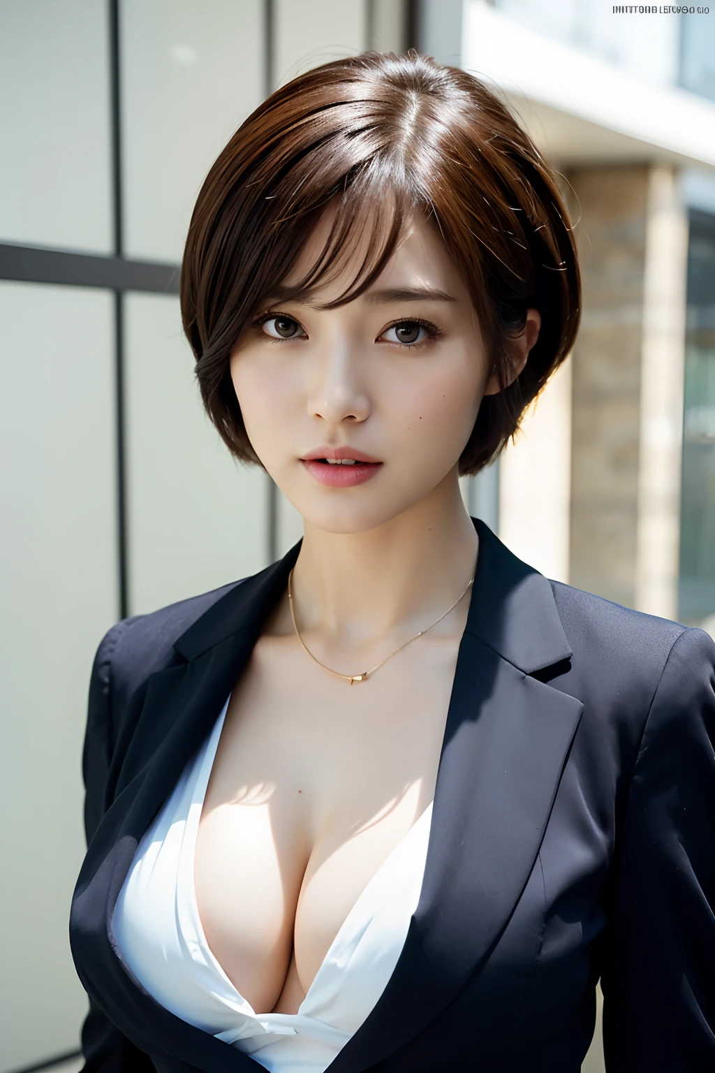 best quality, masterpiece, high resolution, 1girl, beautiful and perfect face, (pixie cut Brunette hair)., (business suit),intricate detailed, cinematic feel, 8k, (Full body shot). cleavage (between breasts),(curvy body:0.8).